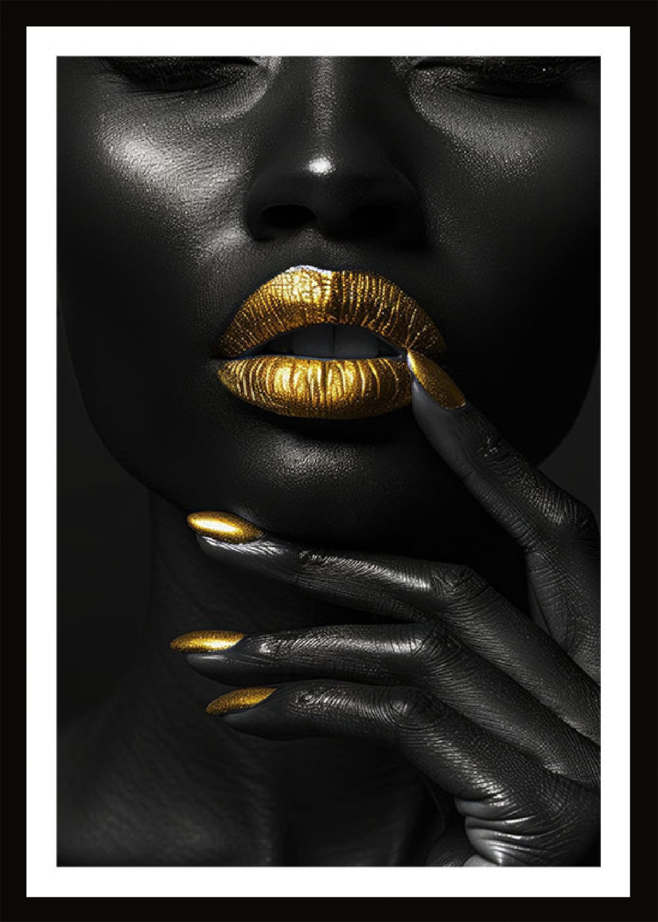 Bönninghoff Bild mit Rahmen Wandbild gerahmt FRAU SCHWARZ WEISS GOLD 50x70 cm – Modernes Glamour, Fashion, Frau, Gesicht, Kunst, Modern, Porträts (1 St), mit dekorativem Rahmen