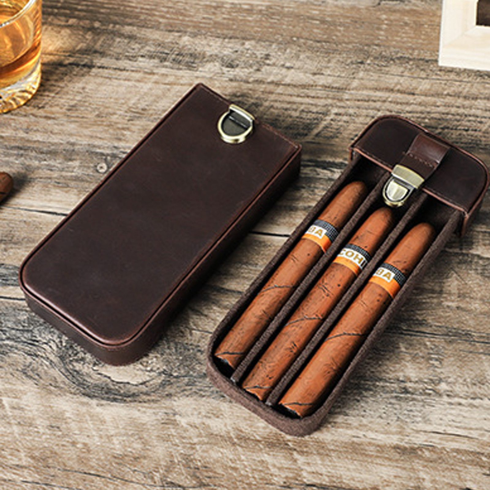 YUBRO-STUDIO Tabakbeutel Vintage Leder Zigarrenetui 3 Steckplätze Messingsc günstig online kaufen