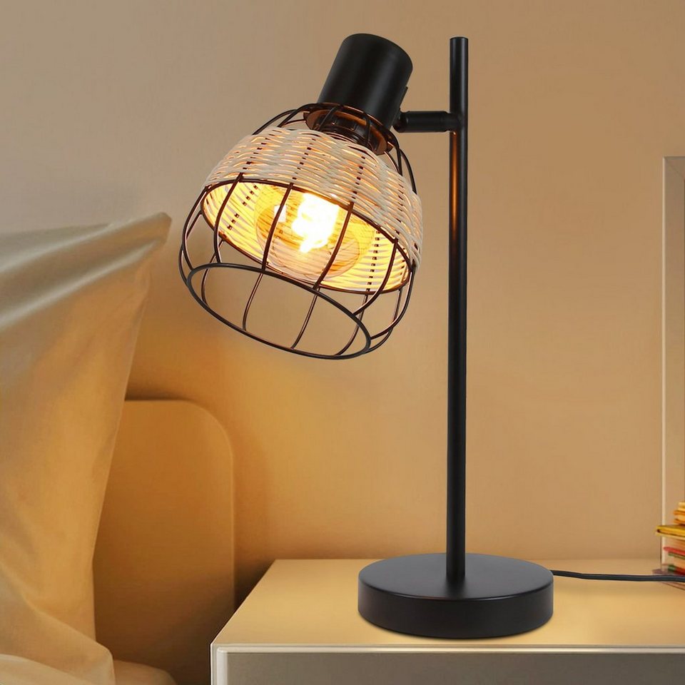 Nettlife Tischleuchte Schwarz E27 Nachttischlampe Rattan Bambus  Lampenschirm schwenkbarer, LED wechselbar