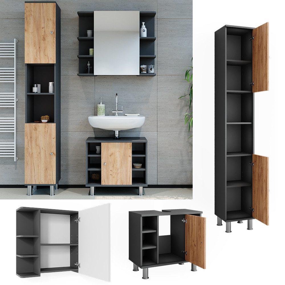 Vicco Badmöbel-Set Fynn, Anthrazit/Goldkraft Eiche, 3 Teile mit Hochschrank, (3-St., 3er Set)