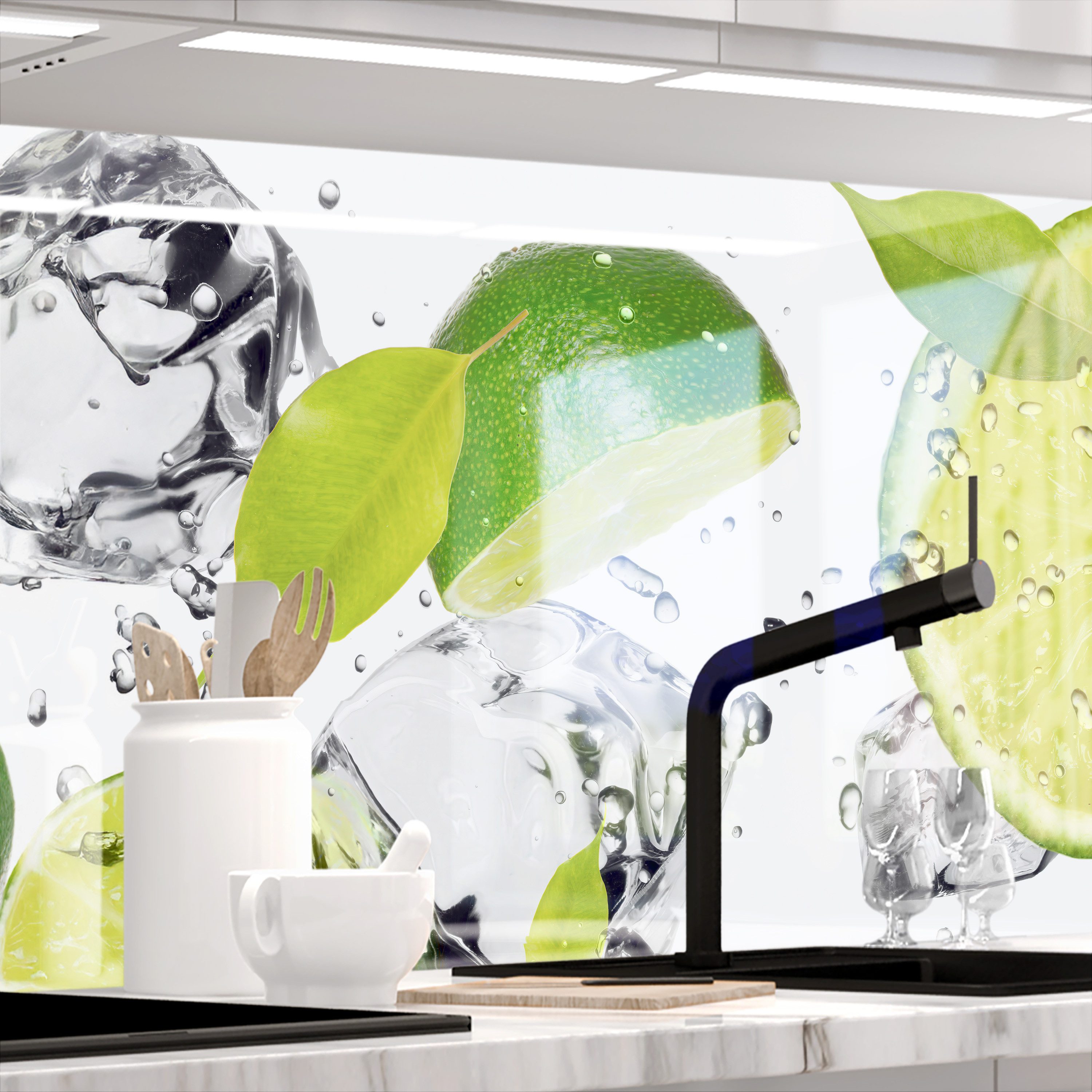 Stickerprofis Küchenrückwand LIMETTEN UND EIS (Glasoptik), (Premium), 1,5mm, selbstklebend, hält auf besonders vielen Öberflächen