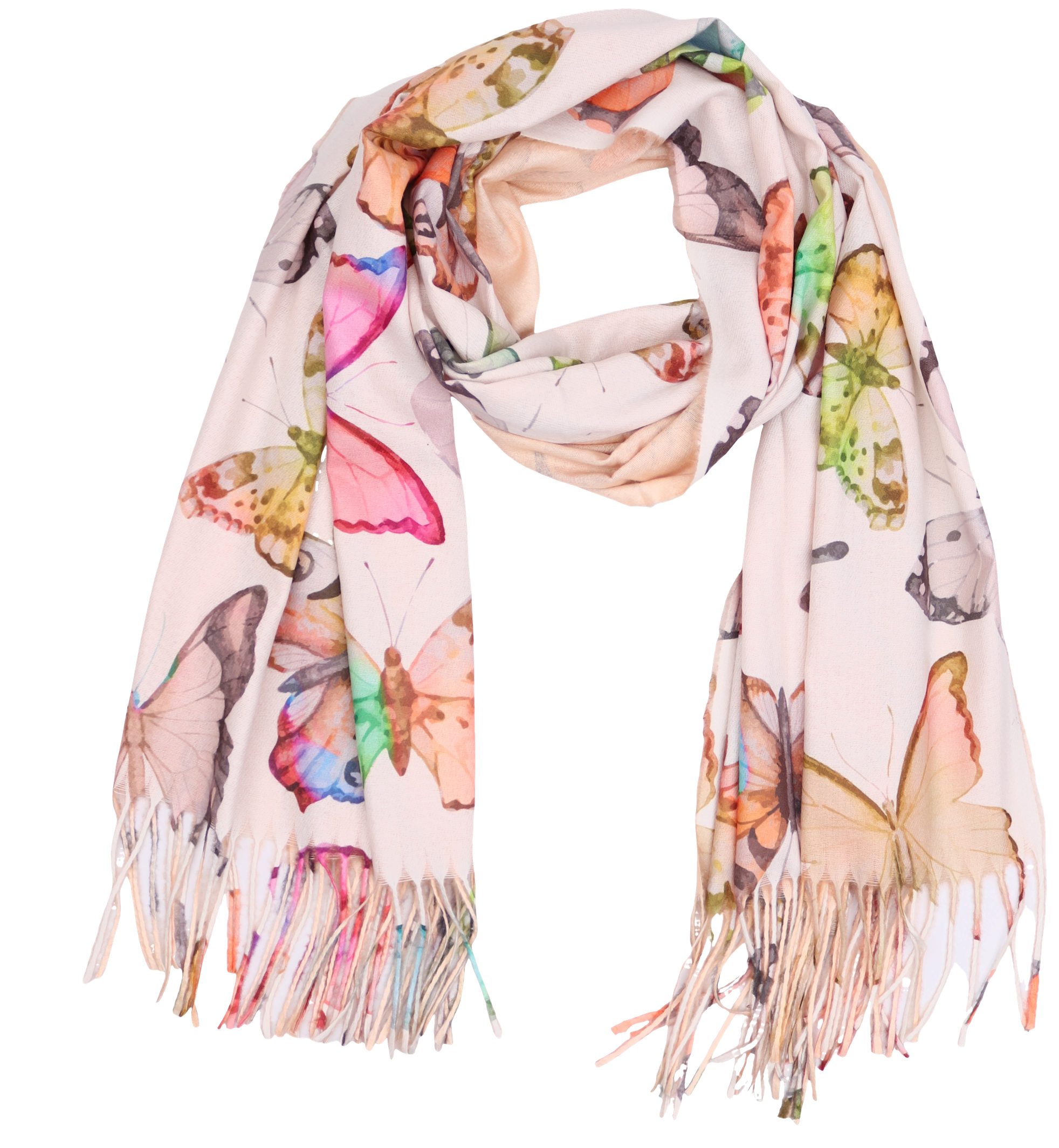 Modeschal weicher und warmer Schal Schmetteringe mit Fransen, 70x180cm