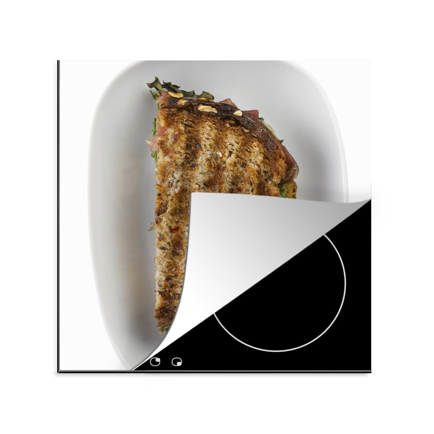 MuchoWow Herdblende-/Abdeckplatte Teller mit verbranntem Toast, Vinyl, (1 tlg), 78x78 cm, Ceranfeldabdeckung, Arbeitsplatte für küche