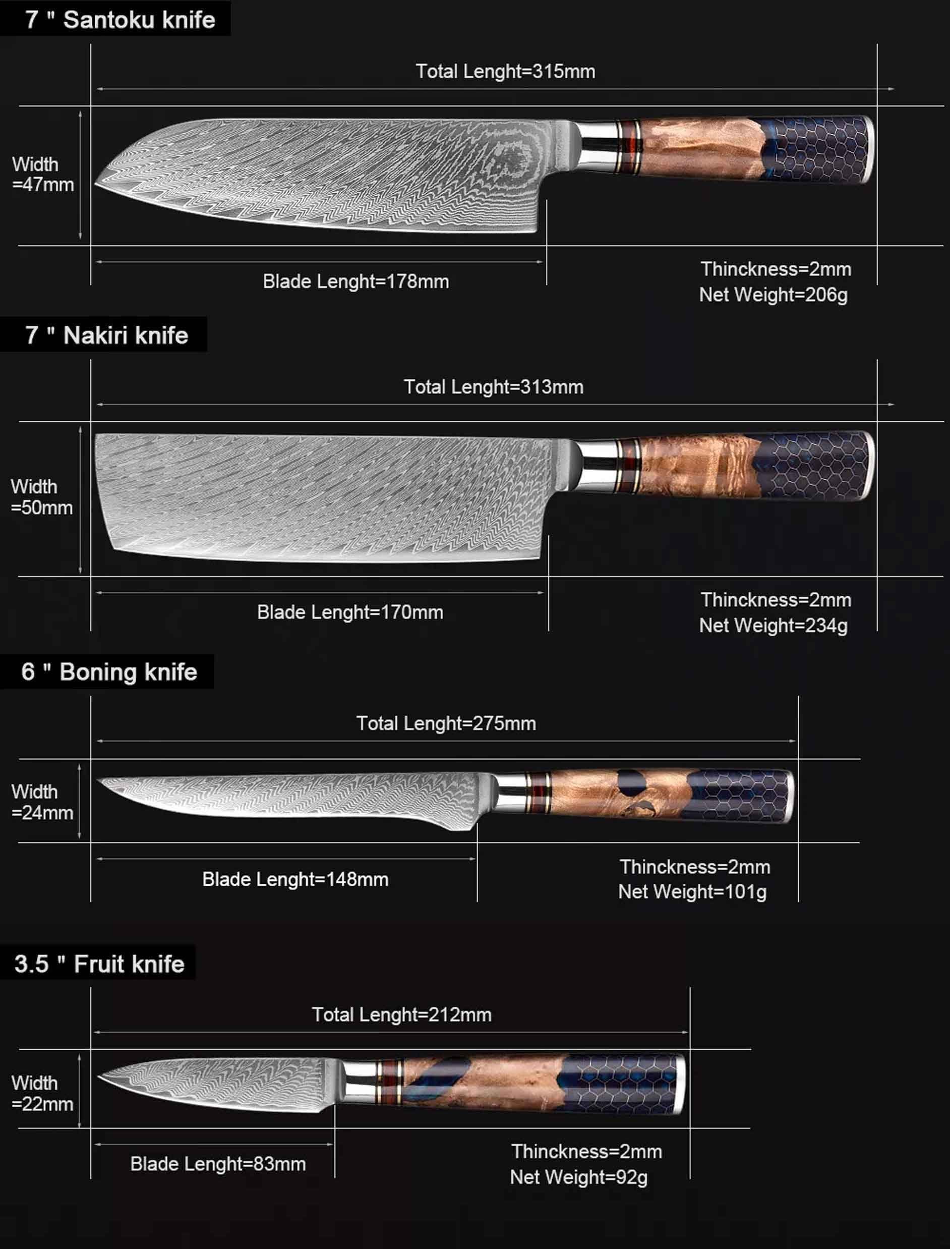 Jedes Allzweckmesser Küchenmesser Extrem ist Unikat Kochmesser, ein Damast 4-tlg scharfe schöne extrem Set Muxel Messer