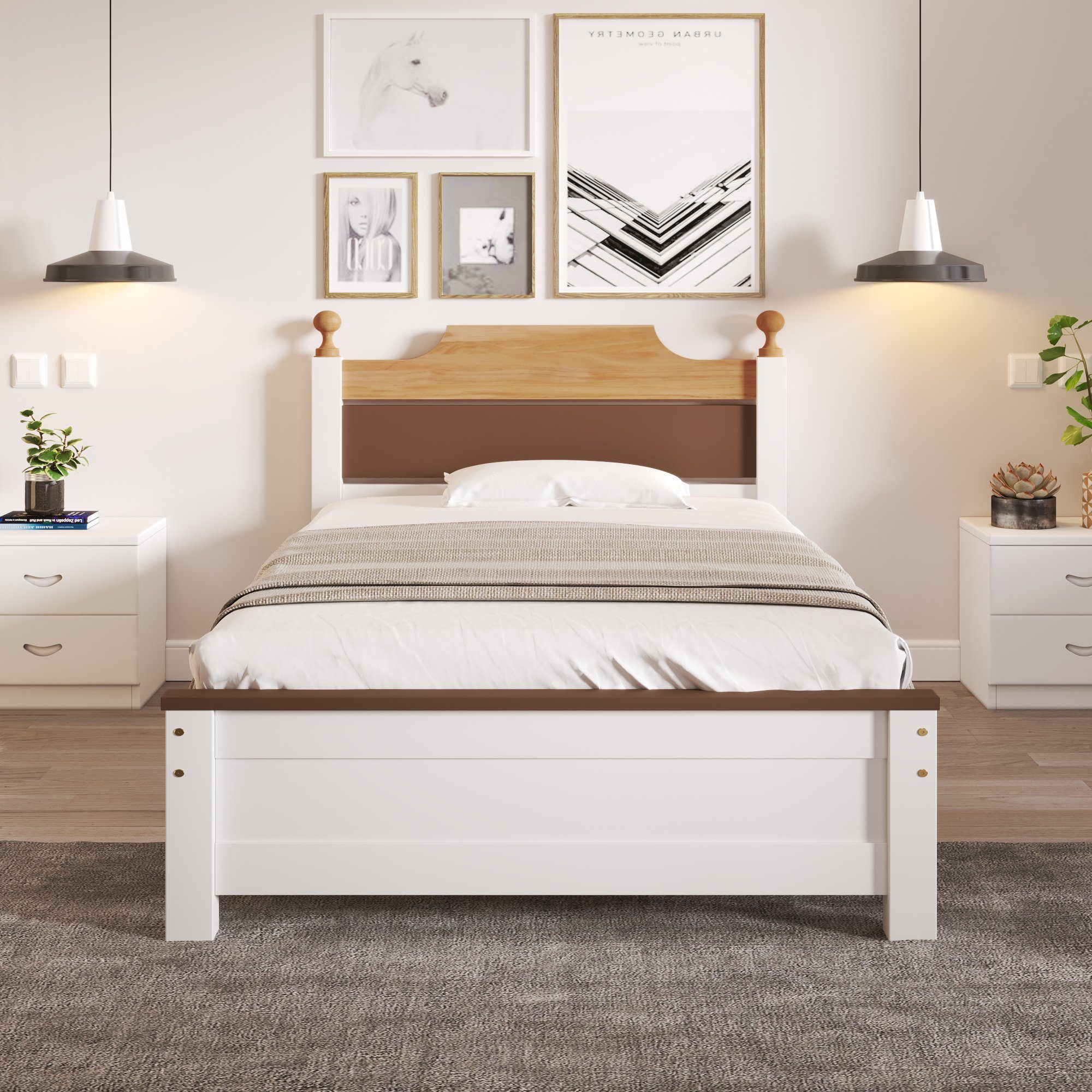 Massivholzbett, Einzelbett mit Kopfteil und Lattenrost, Kiefernholzbett 90x200cm