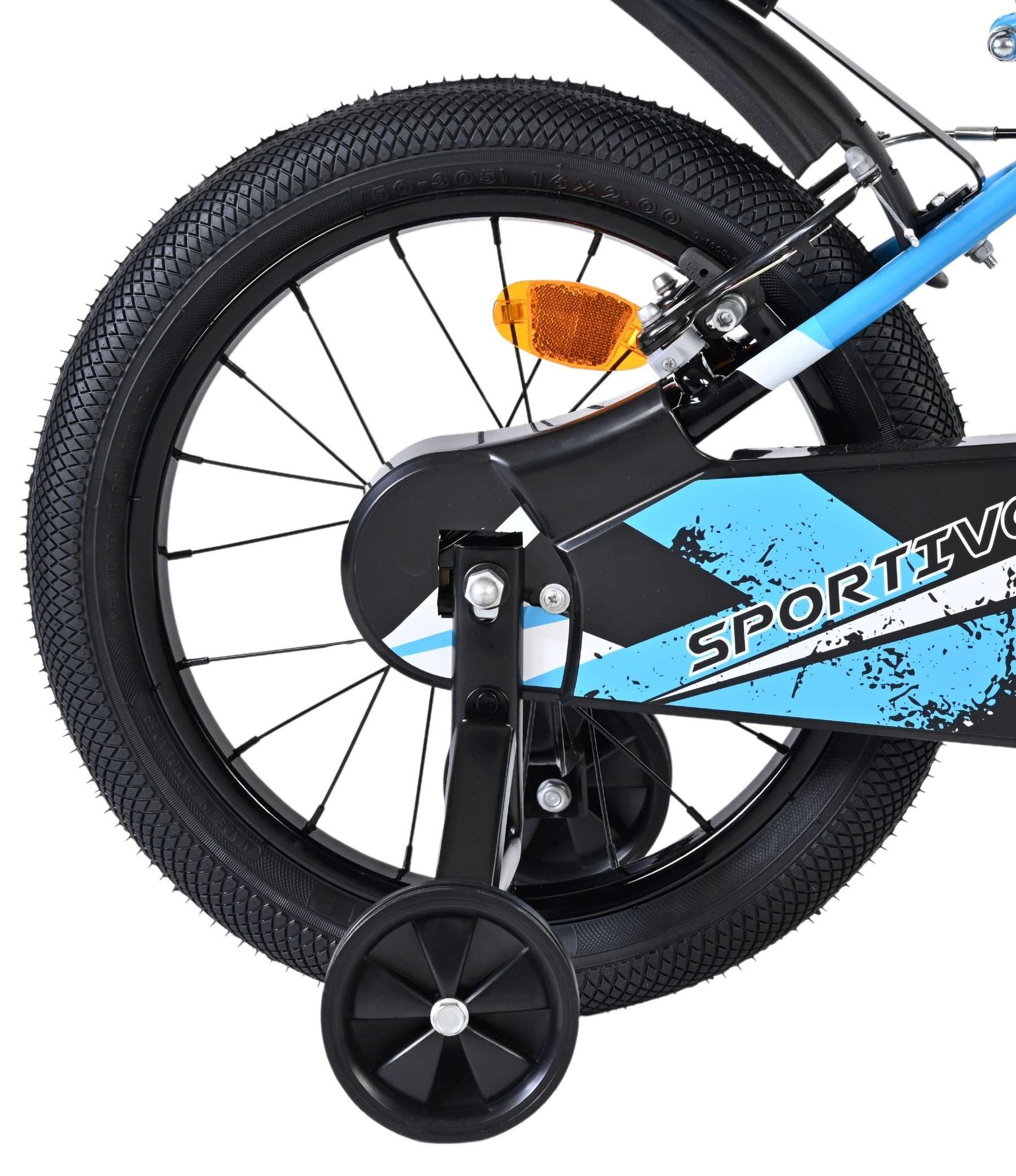 Volare Kinderfahrrad Sportivo Kinderfahrrad - Jungen - 16 Zoll - Blau/Schwarz, Abnehmbare Stützräder, geschlossener Kettenschutz, Luftreifen