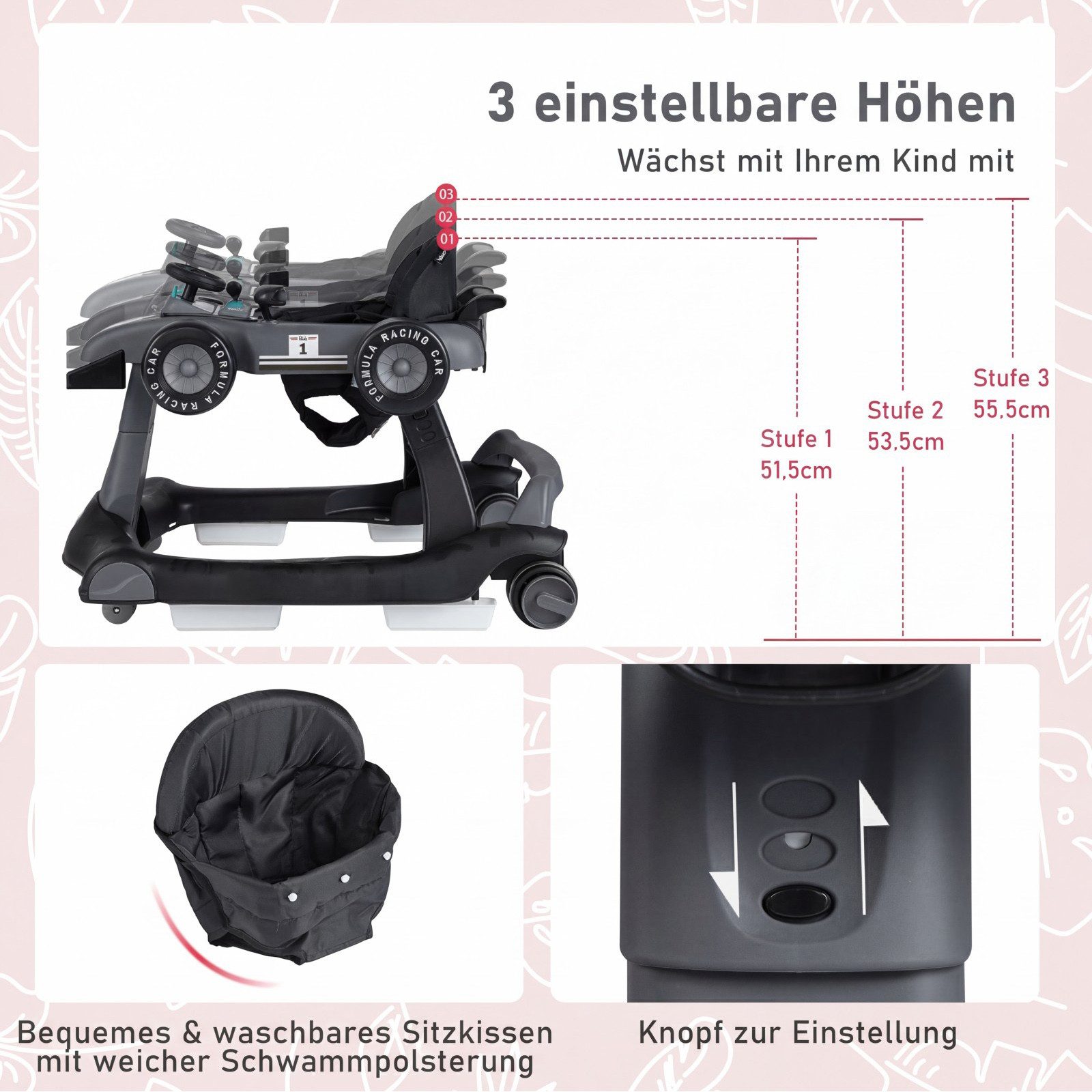 COSTWAY Lauflernhilfe 4 in 1 Lauflernwagen, mit Musik, Licht, ab 6 Monaten
