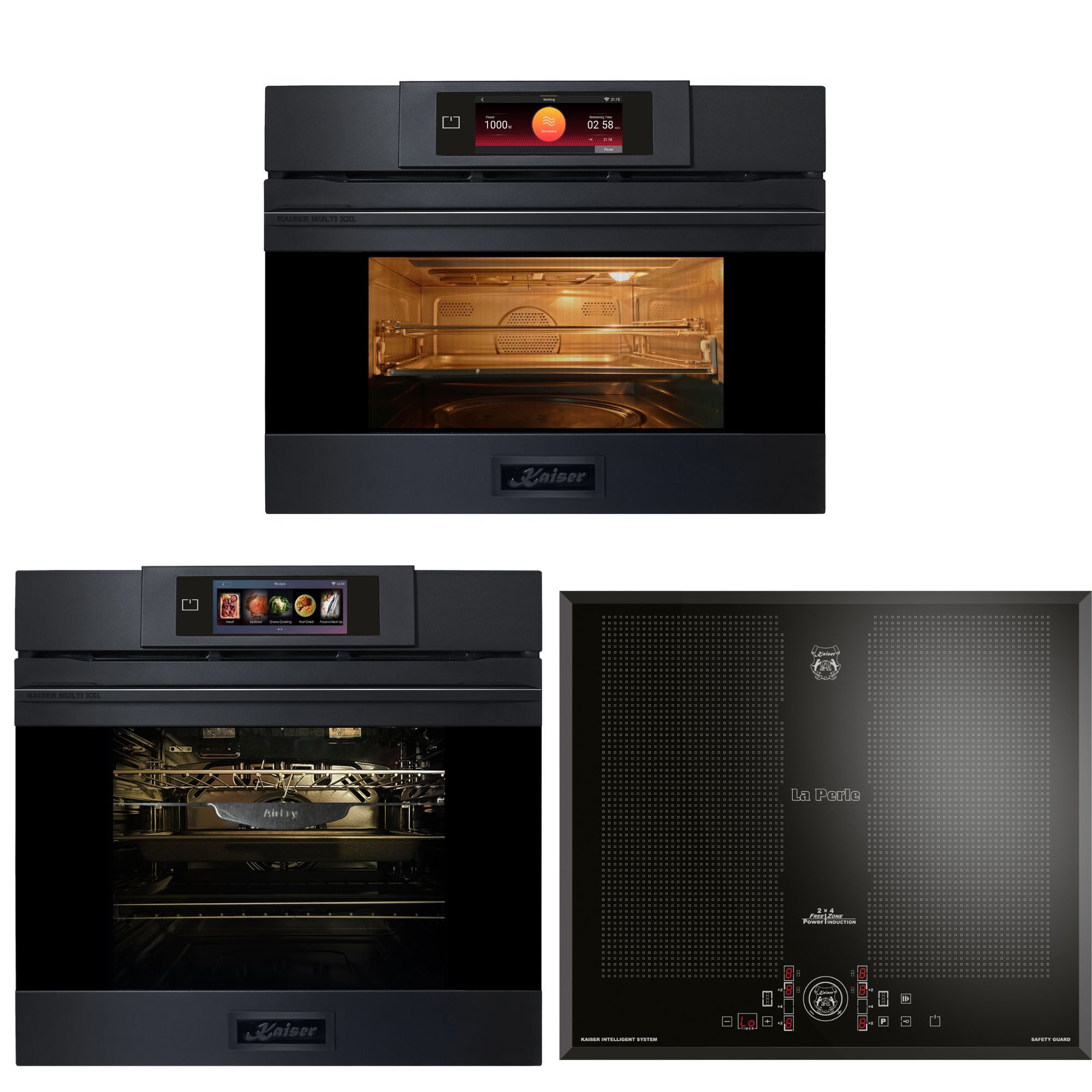 Kaiser Küchengeräte Backofen-Set Herd Set Autark Elektro-Backofen 60 cm Multi 29, Pizza-Modus, Multi-Cooking+Induktions-Kochfeld 60 cm FREE ZONE mit 2 FLEX Induktions-Zonen+EinbauMikrowelle mit Backofenfunktion-AirFry,Heißluft,TFT Full Touch 37 L EH 6347+KCT 61 FI+EM 6349, mit 1-fach-Teleskopauszug
