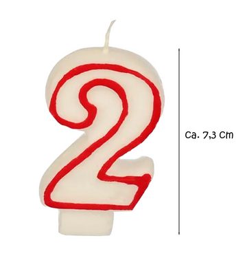 PAPSTAR Geburtstagskerze Zahlenkerze 7,3 cm weiß "2" mit rotem Rand (Stück, 1-tlg., Zahlenkerze), Geburtstagskerze Geburtstagstorte Tortendekoration Kuchendekoration