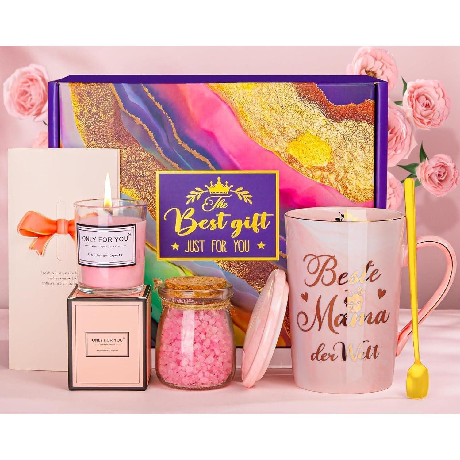 ALBISS Pflege-Geschenkset Geschenkbox für Mama Geburtstag 400ml Rosa Tasse mit Aufdruck