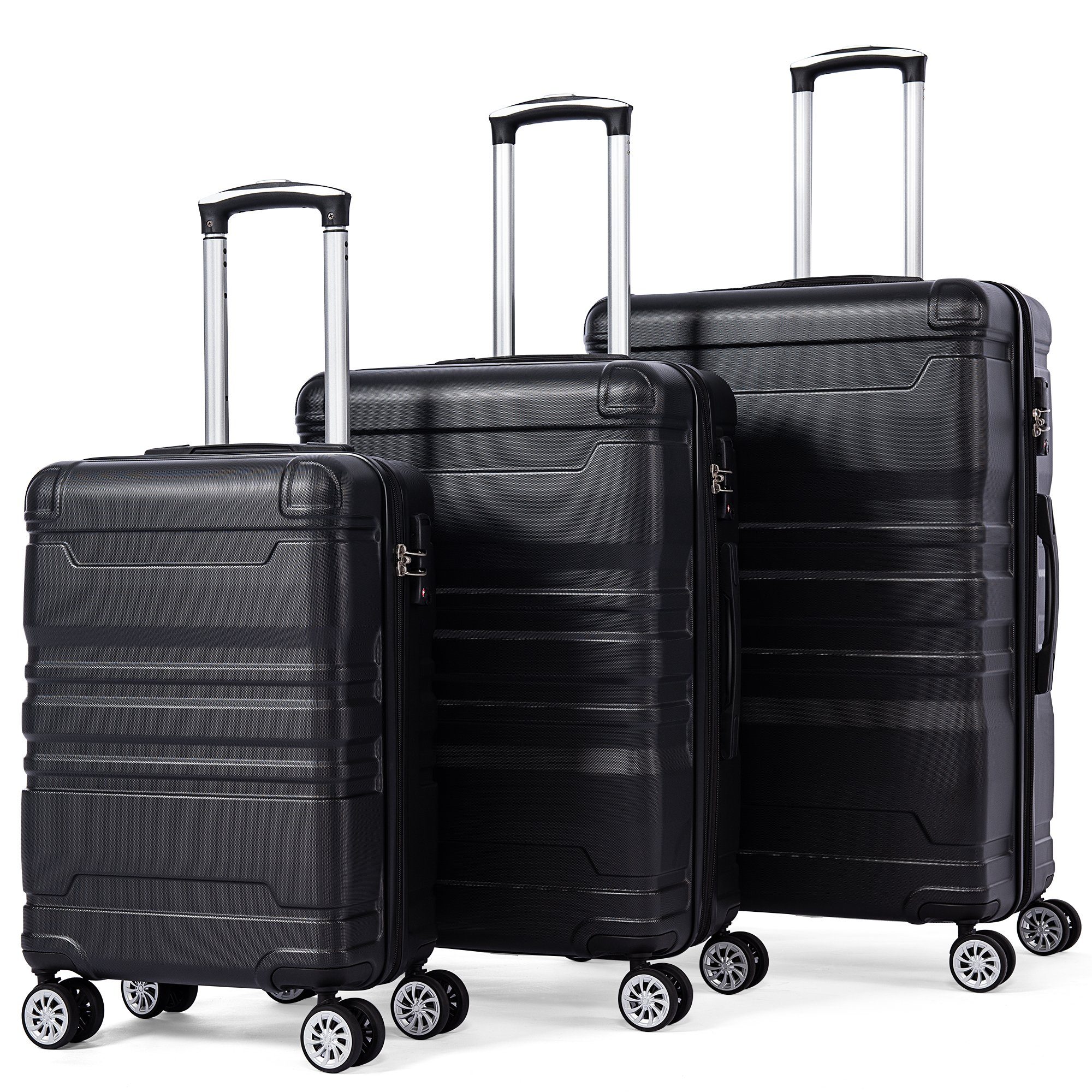 Ulife Kofferset schwarz, Hartschalen-Trolley, Aufgabegepäck, 4 Rollen, (3 teilig, 3 tlg), 360° Rollen, TSA Zahlenschloss, 3-teiliger verstellbarer Griff