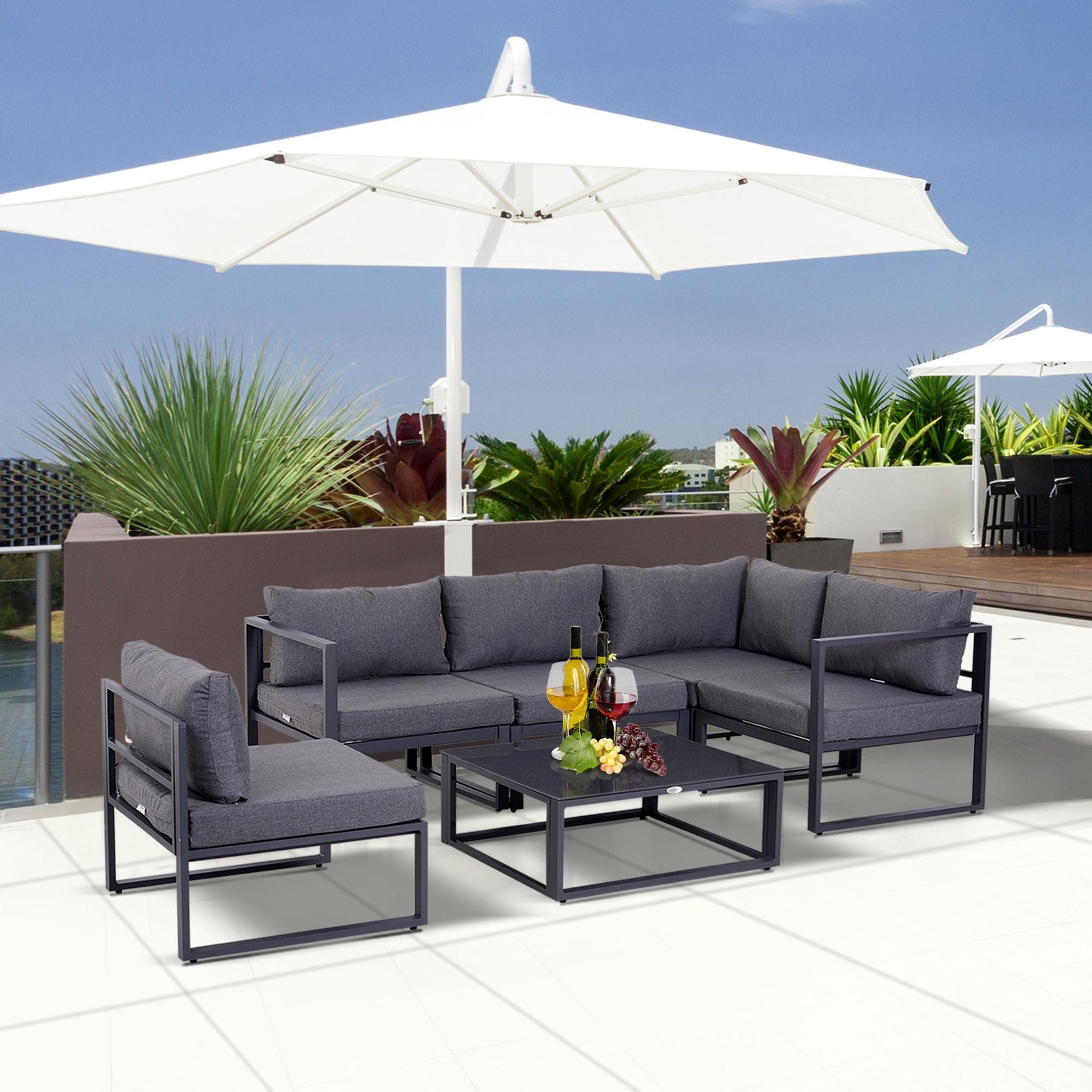 Outsunny Sitzgruppe Gartensofaset Gartenmöbel Alu+ Polyester + Hartglas 4 x Sessel, (Gartenset, 6-tlg., Gartengarnitur), für Garten, Balkon, Grau