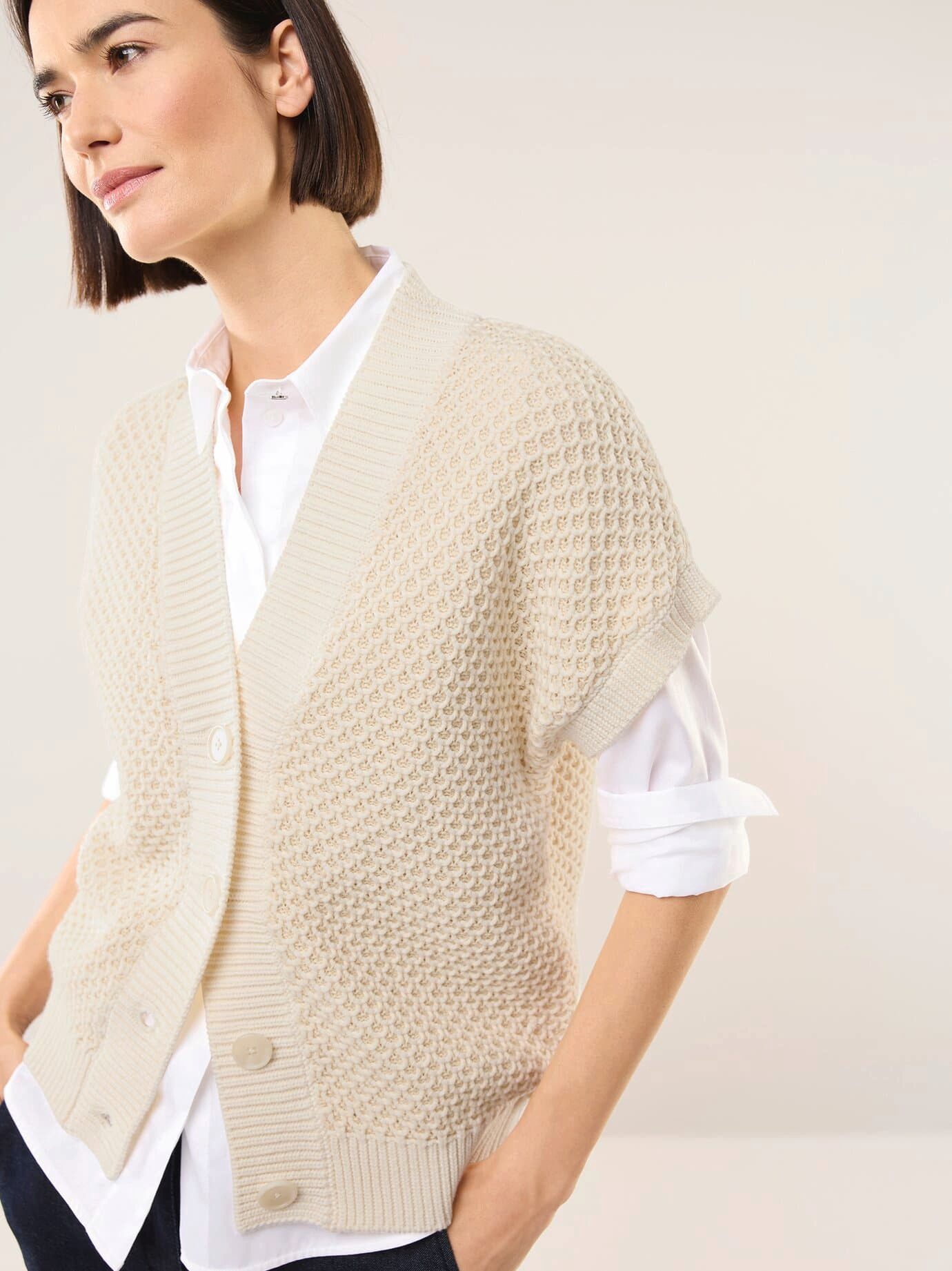 Walbusch Strickweste Damen Strickweste Waffelstruktur V-Ausschnitt, modern