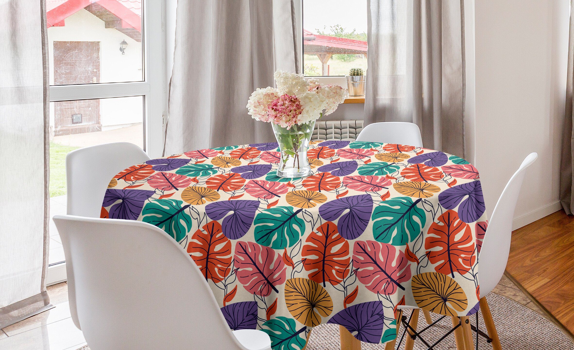 Abakuhaus Tischdecke Kreis Tischdecke Abdeckung für Esszimmer Küche Dekoration, Monstera Hawaiian Bunte Blätter