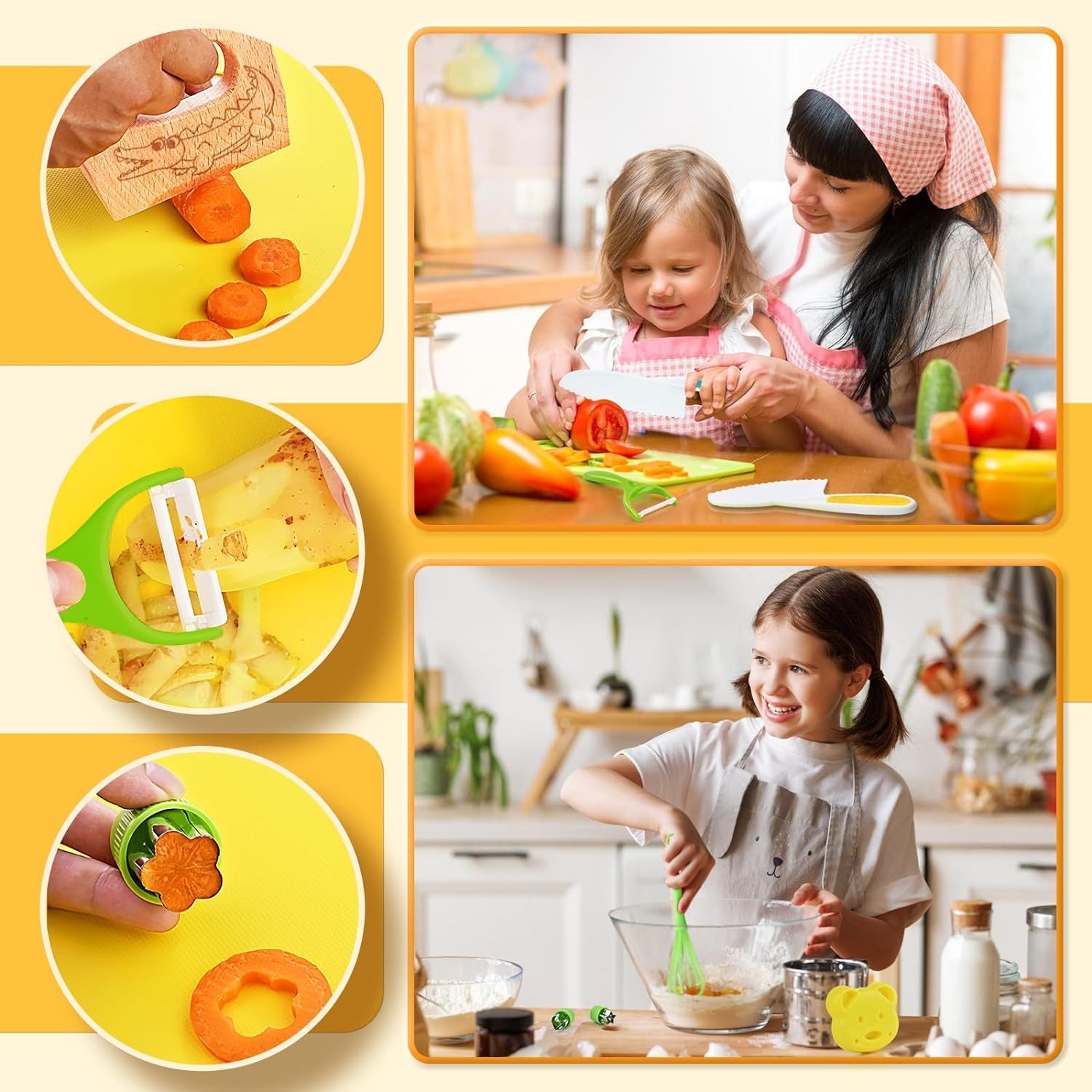 LA CUTE Kinderkochmesser Kinder-Kochzubehör: Kindermesser, Brett für sicheres Kochen, Kostenlose schnittsichere Handschuhe für Kinder