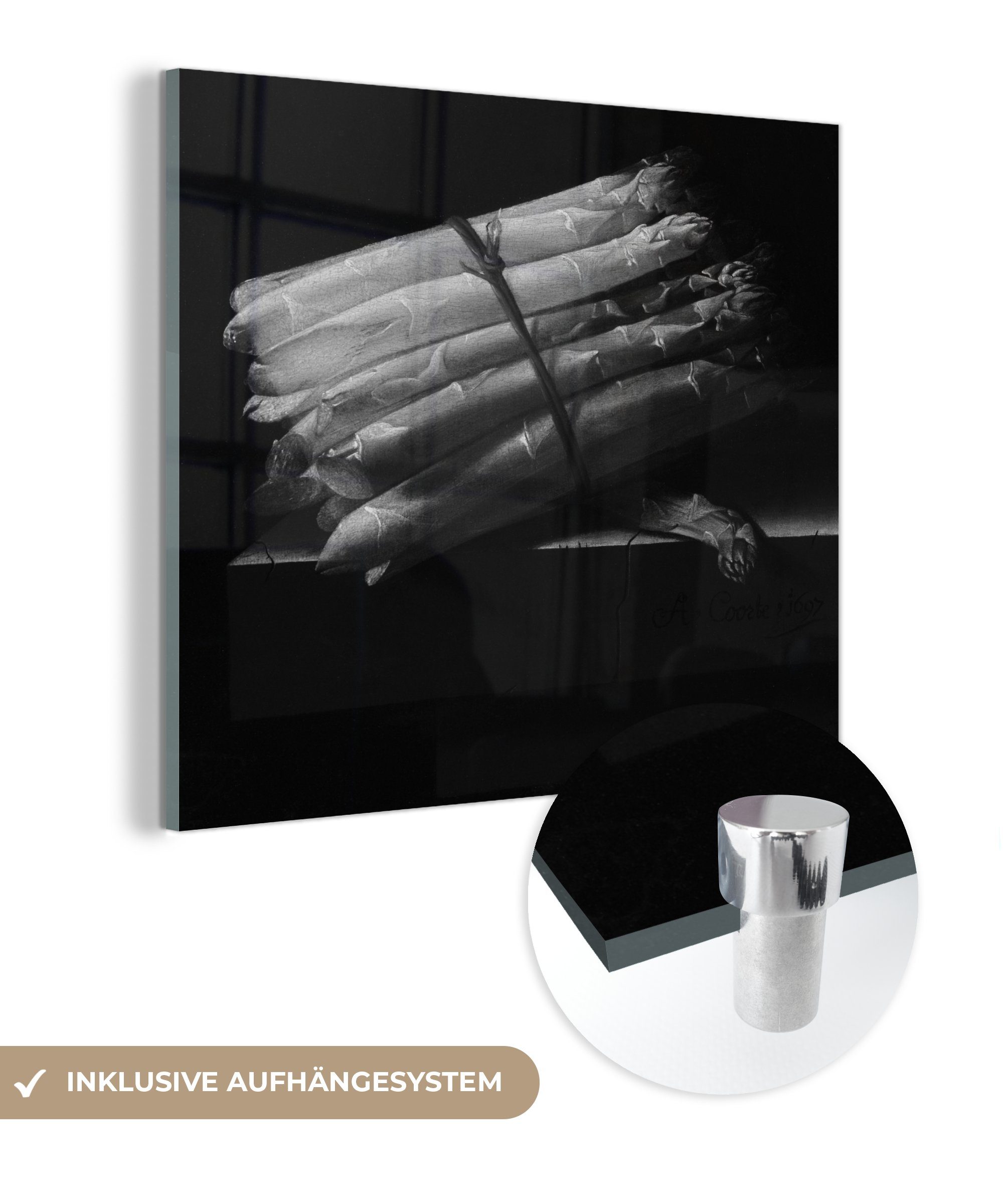 MuchoWow Acrylglasbild Stilleben mit Spargel - Gemälde von Adriaen Coorte in schwarz-weiß., (1 St), Glasbilder - Bilder auf Glas Wandbild - Foto auf Glas - Wanddekoration