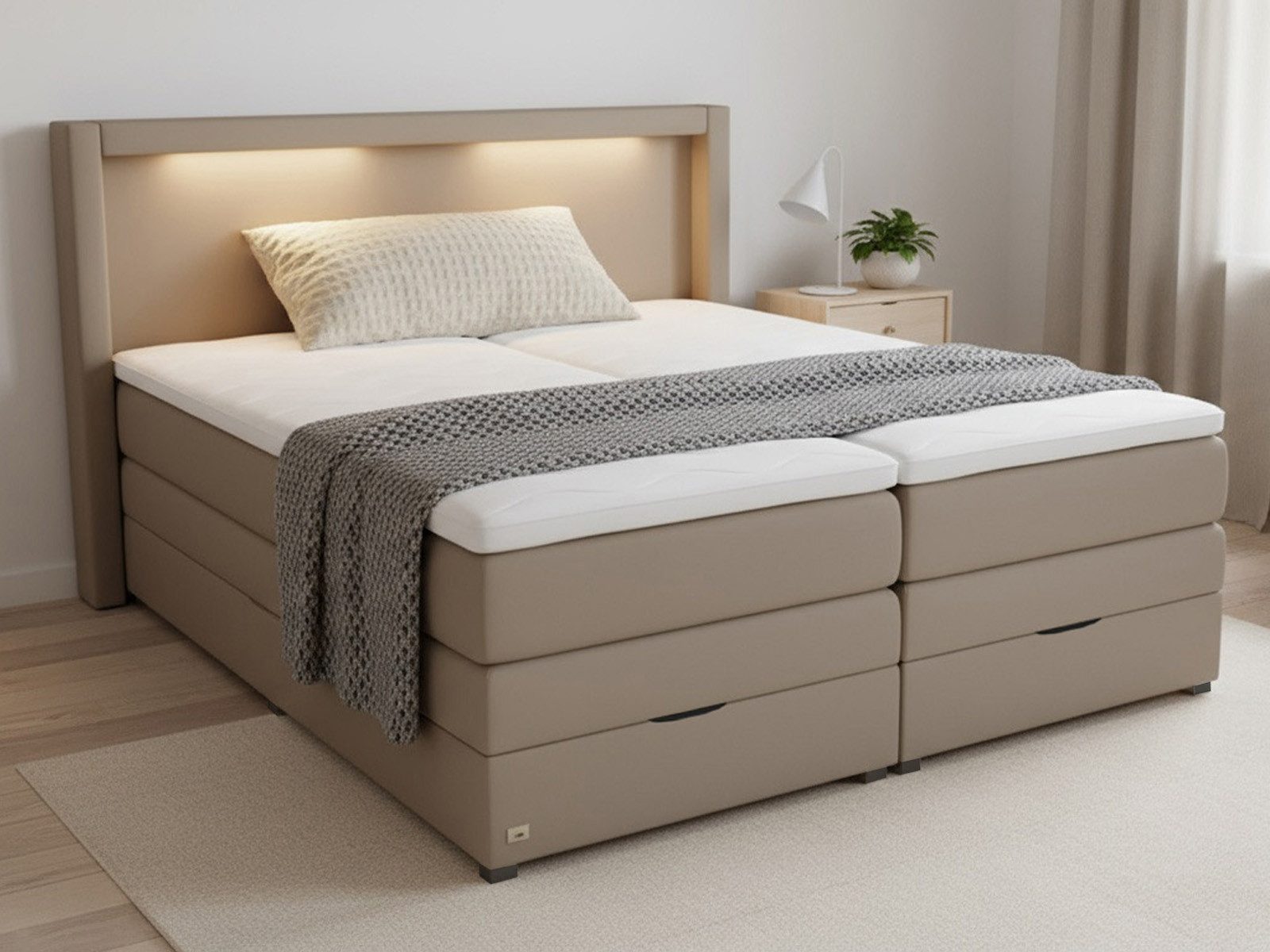 PAARA Boxspringbett Barcelona Bettkasten Kopfteil verstellbar LED Licht, inkl. Matratze und Topper, mit einzigartigem Belüftungssystem