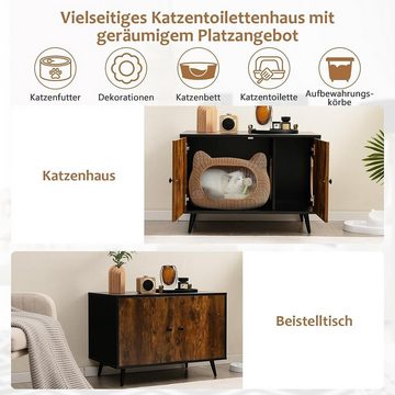 KOMFOTTEU Katzentoilette Katzenhaus, mit Doppeltüren, Trennwand und Katzenlöchern