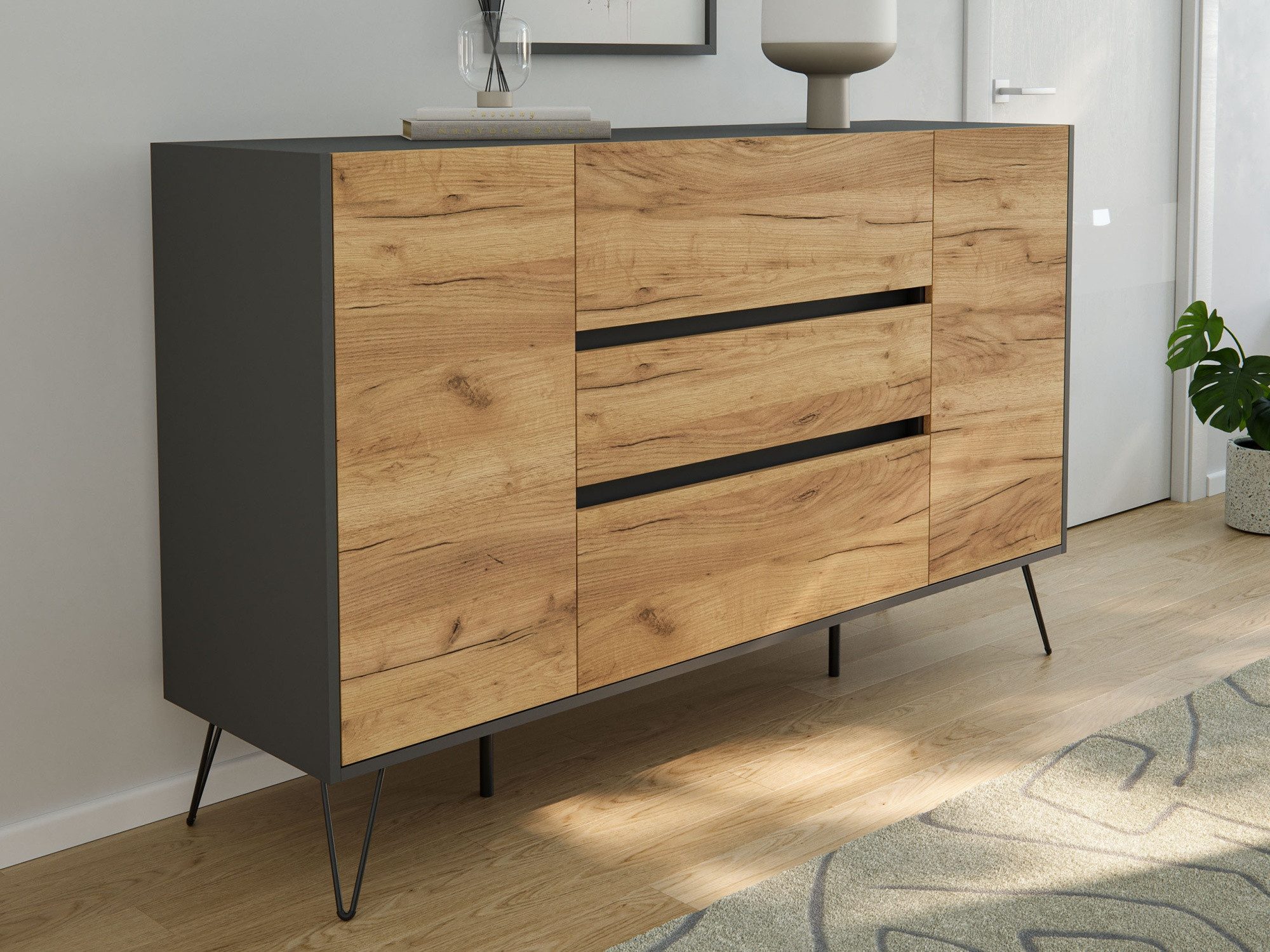 Magnolia Home Sideboard Sideboard Yako XL 155cm 3 SoftClose 2 Türen Grafit/Eiche Front