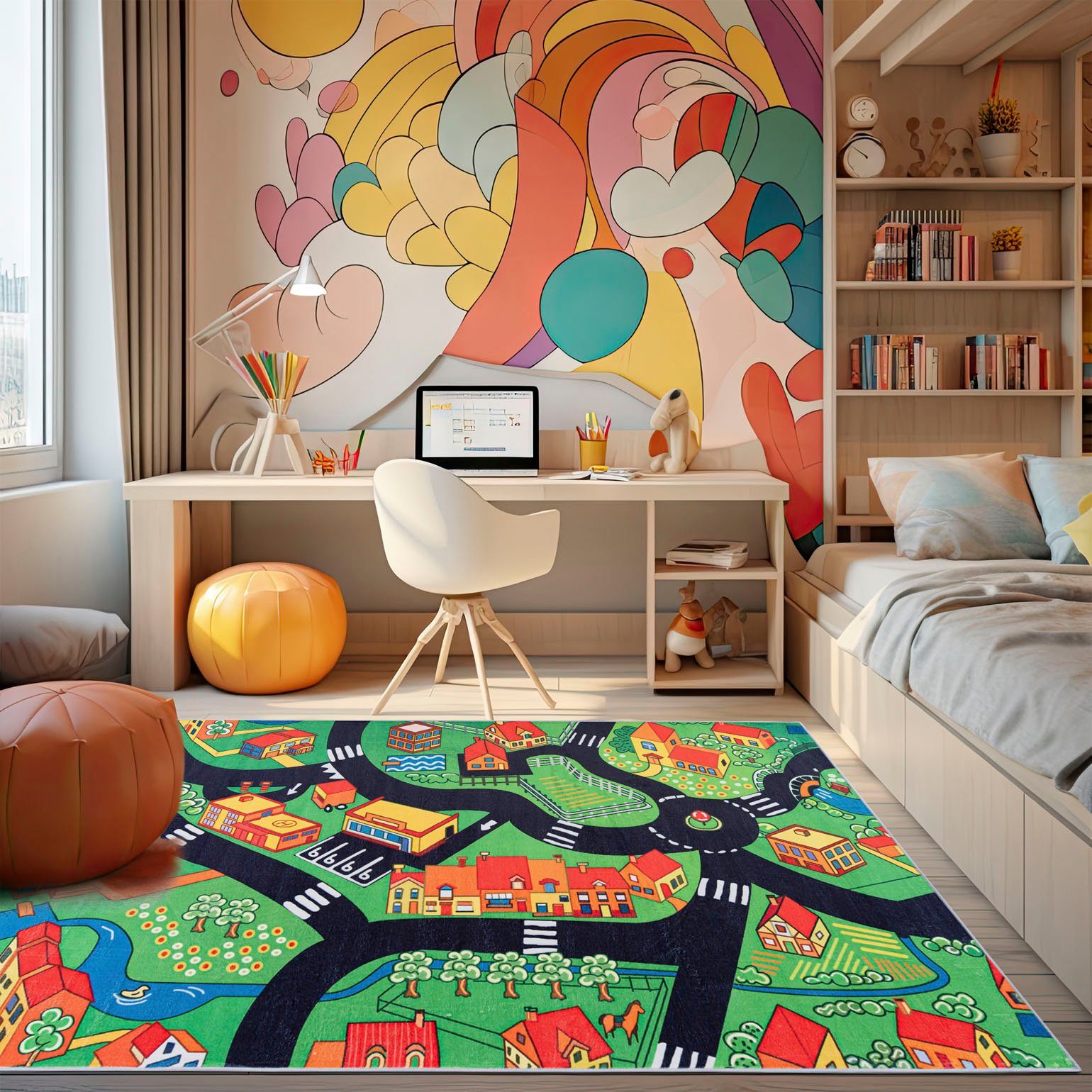 Mazovia Kinderteppich Kinderteppich Spiel Teppich Kinderzimmerteppich Straße Grün, 80 x 150 cm, Fußbodenheizung, Allergiker geeignet, Rutschfest