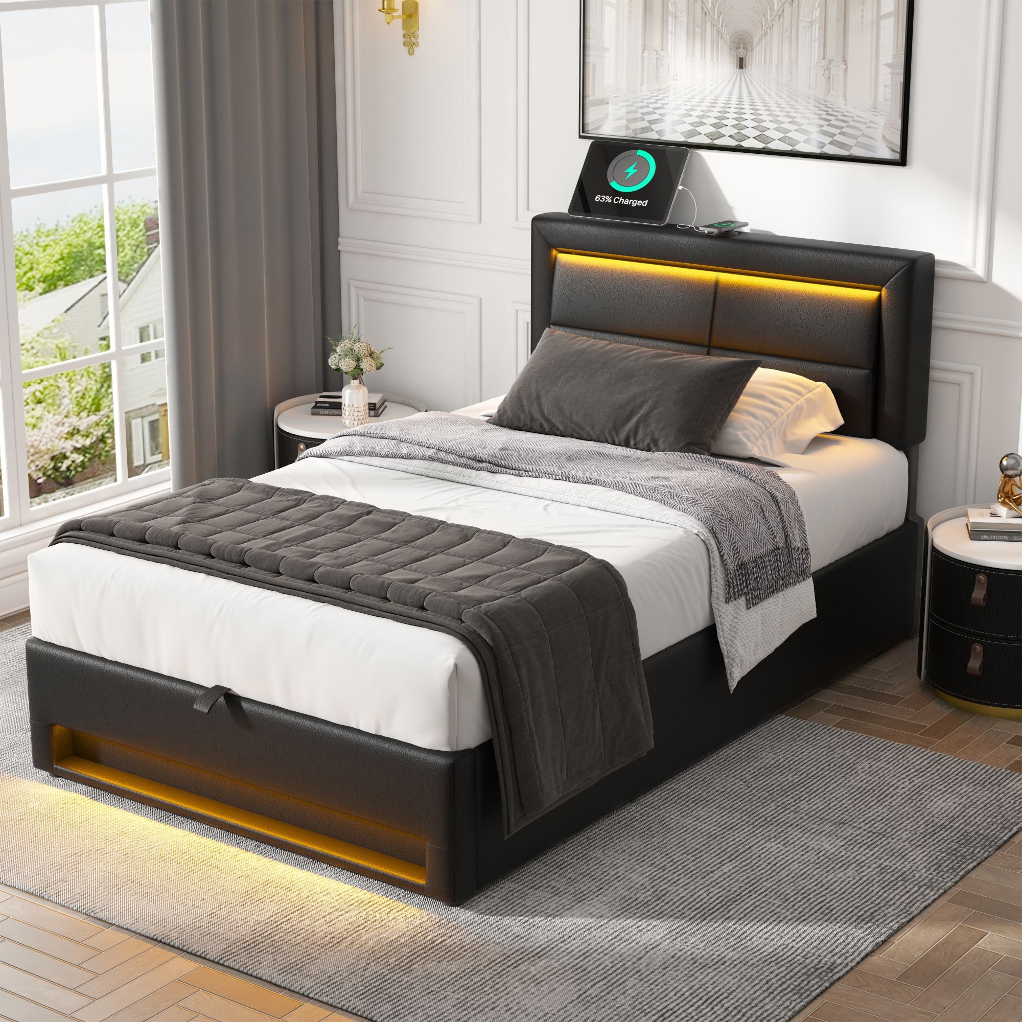 MODFU Polsterbett mit LED-Beleuchtung, USB-Anschluss und günstig online kaufen