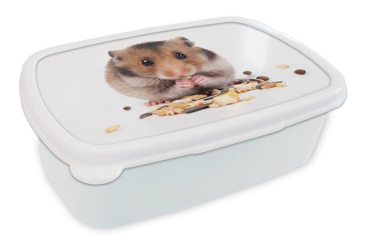 MuchoWow Lunchbox Hamster frisst Samen, Kunststoff, (2-tlg), Brotbox für Kinder und Erwachsene, Brotdose, für Jungs und Mädchen weiß