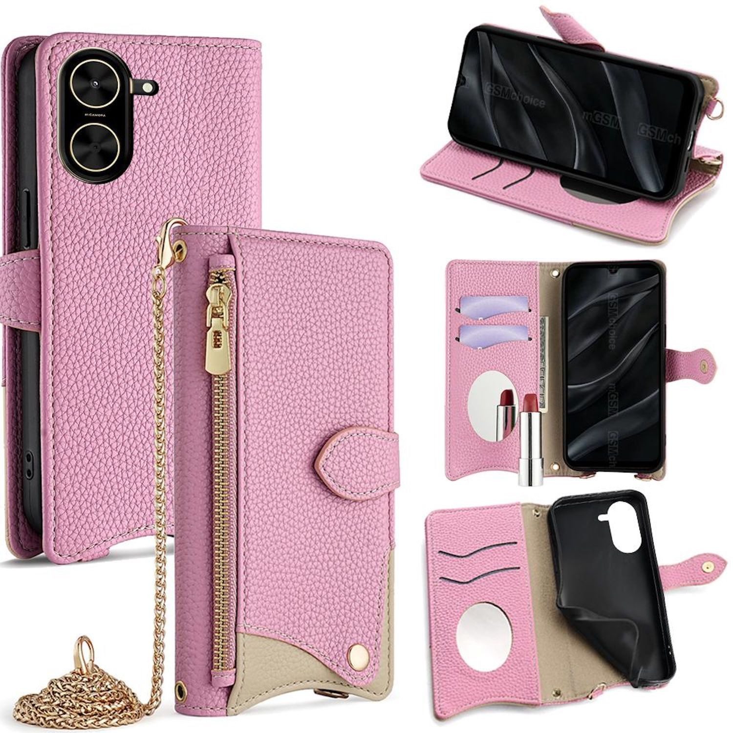 Wigento Handyhülle Für Xiaomi Redmi A5 4G Design Crossbody Chain Kunstleder Tasche Rosa, Wallet Case mit Spiegel, Kartenfächern und Umhängekette