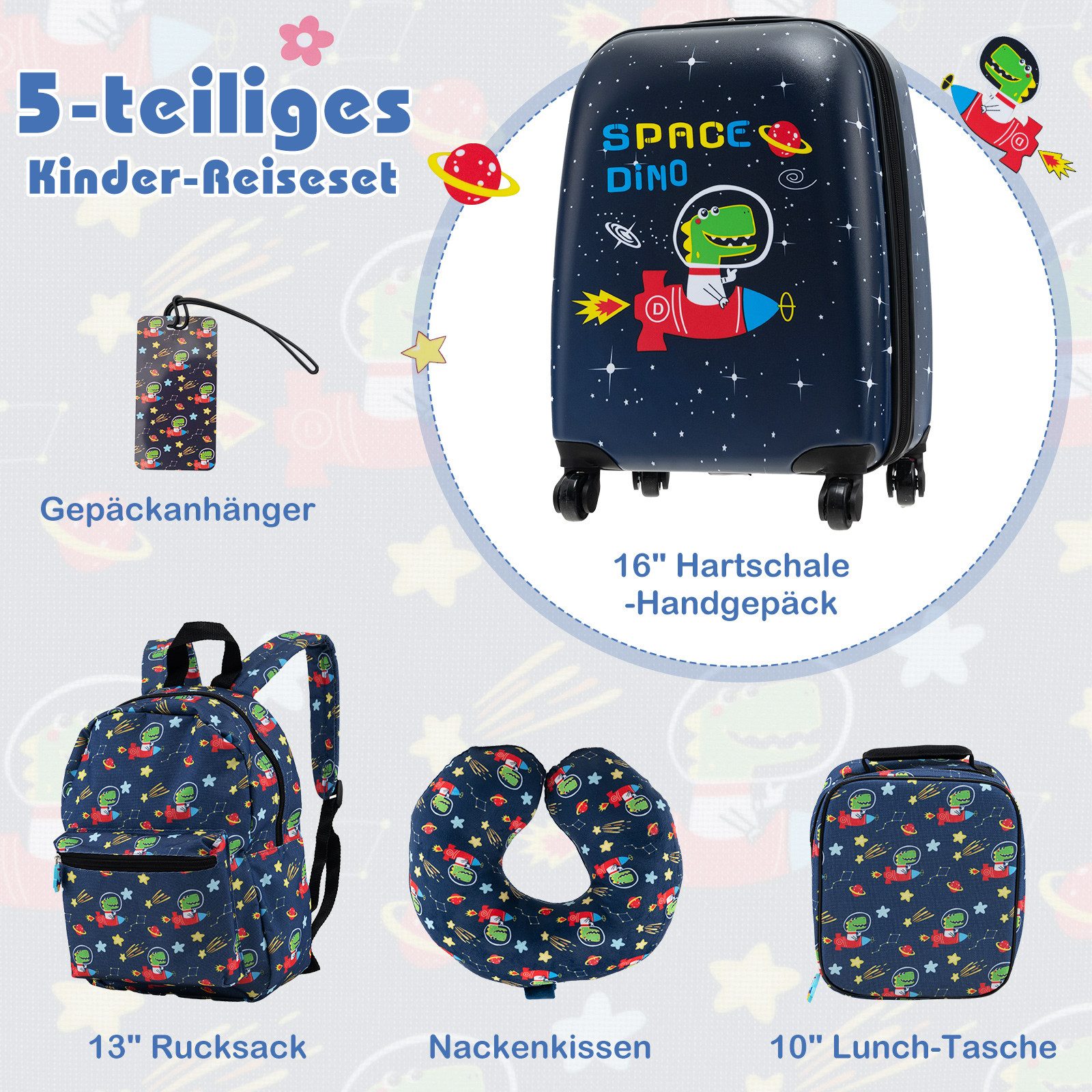 COSTWAY Kinderkoffer Set, 4 Rollen, 5 teiliges Trolley mit Handgepäck, Kissen