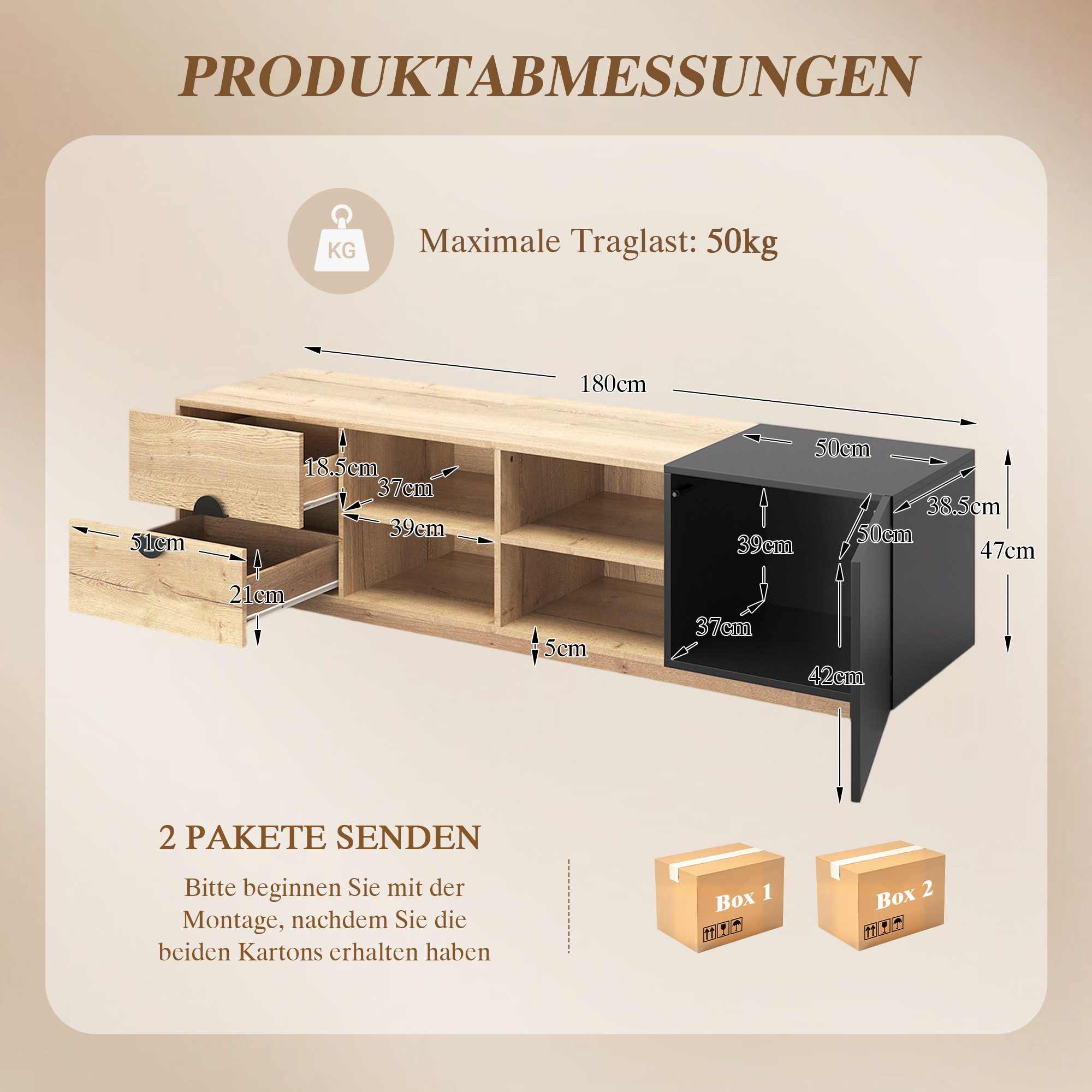 LVHOM TV-Schrank 180cm, TV-Board, moderner TV-Ständer mit viel Stauraum,LED-Beleuchtung (Lowboard, 2 geräuschlose Schubladen + 4 offene Fächer + 1 geschlossenes Fach, stabiler quadratischer Sockel, bis 50 kg belastbar) pflegeleicht, geeignet für Wohnzimmer, Büros und Schlafzimmer