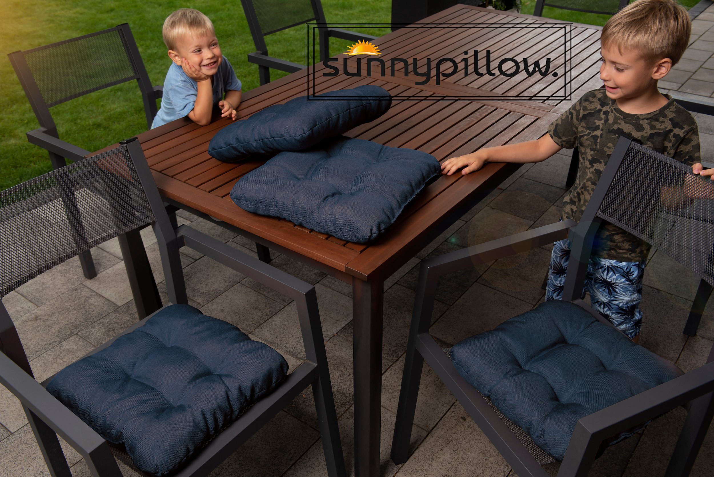 40x40 8cm, sunnypillow Stühle cm Bequeme Bänke Auflage für Stuhlkissen Polsterauflage 4er / Stuhlkissen Set blau