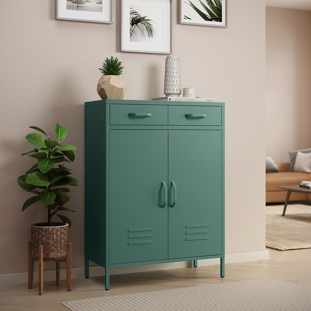 skølm Kommode Atria aus Metall, Highboard mit höhenverstellbaren Böden (Dunkelgrün, 2 Schubladen & 2 Fächer), auch verfügbar ohne Schubladen