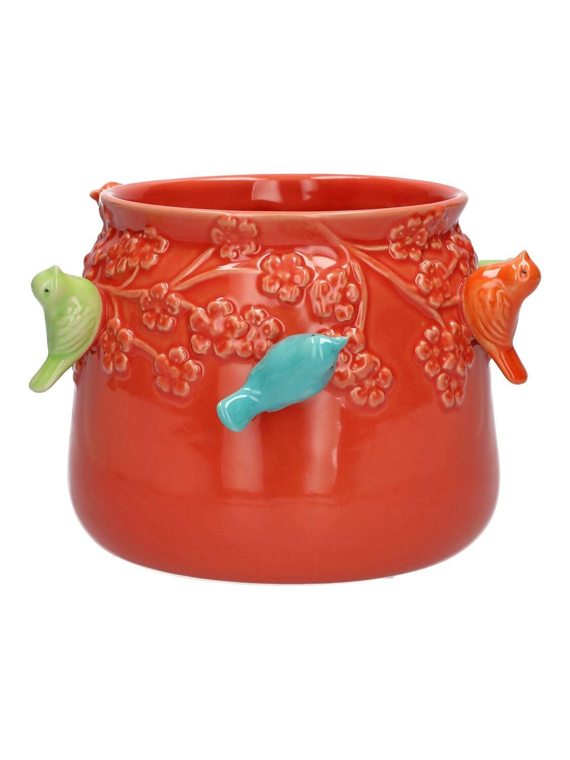 INNA-Glas Blumentopf Pflanzentopf Birdie aus Keramik, mit 3D Vögeln, rot-blau-grü