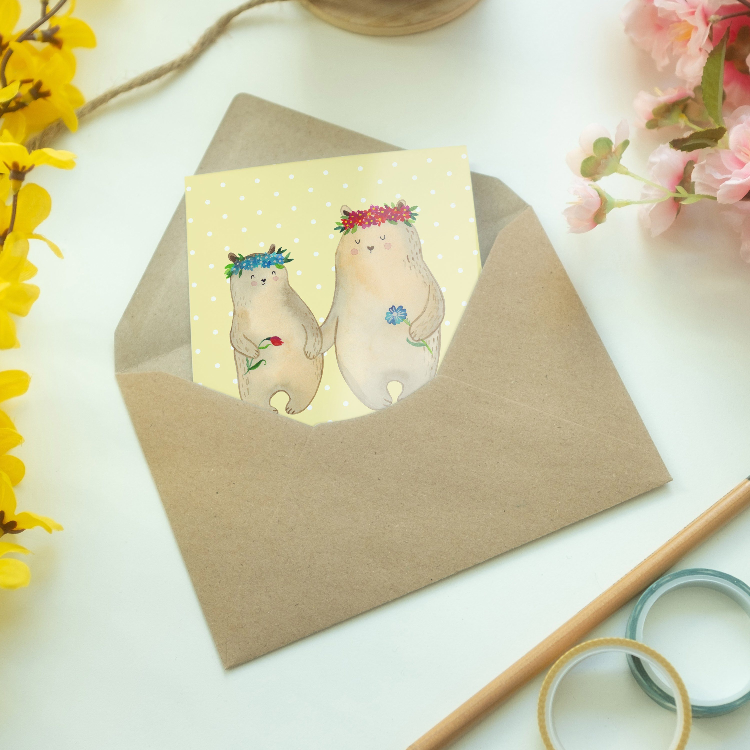 Mr. & Mrs. Geschenk, Panda Pastell Karte, - Gelb Bären Einlad - Mutti, mit Blumenkranz Grußkarte