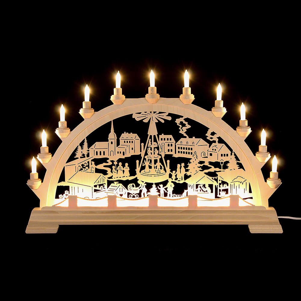 KWO Kunstgewerbe Werkstätten Schwibbogen Schwibbogen Weihnachtsmarkt mit Pyramide 65x40cm von KWO