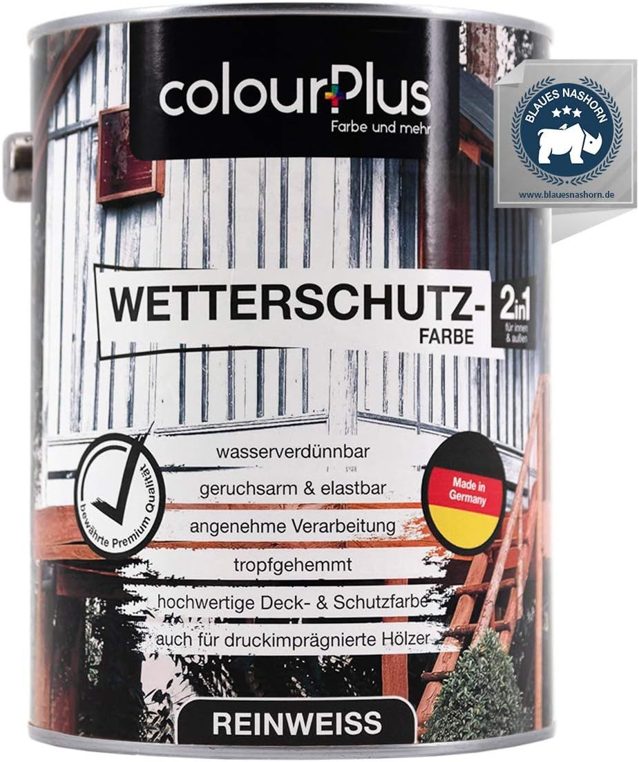 ColourPlus Wetterschutzfarbe Wetterschutzfarbe 2in1 seidenglänzend, wetterfest für Holz & Metall, wetterfest, wasserverdünnbar, tropfgehemmt, elastisch, Blauer Engel