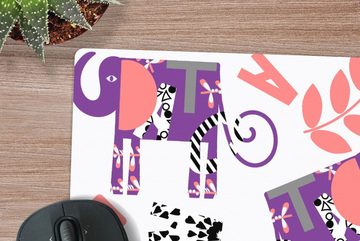 MuchoWow Gaming Mauspad Elefanten - Blätter - Lila - Muster (1-St), Mousepad mit Rutschfester Unterseite, Gaming, 40x40 cm, XXL, Großes