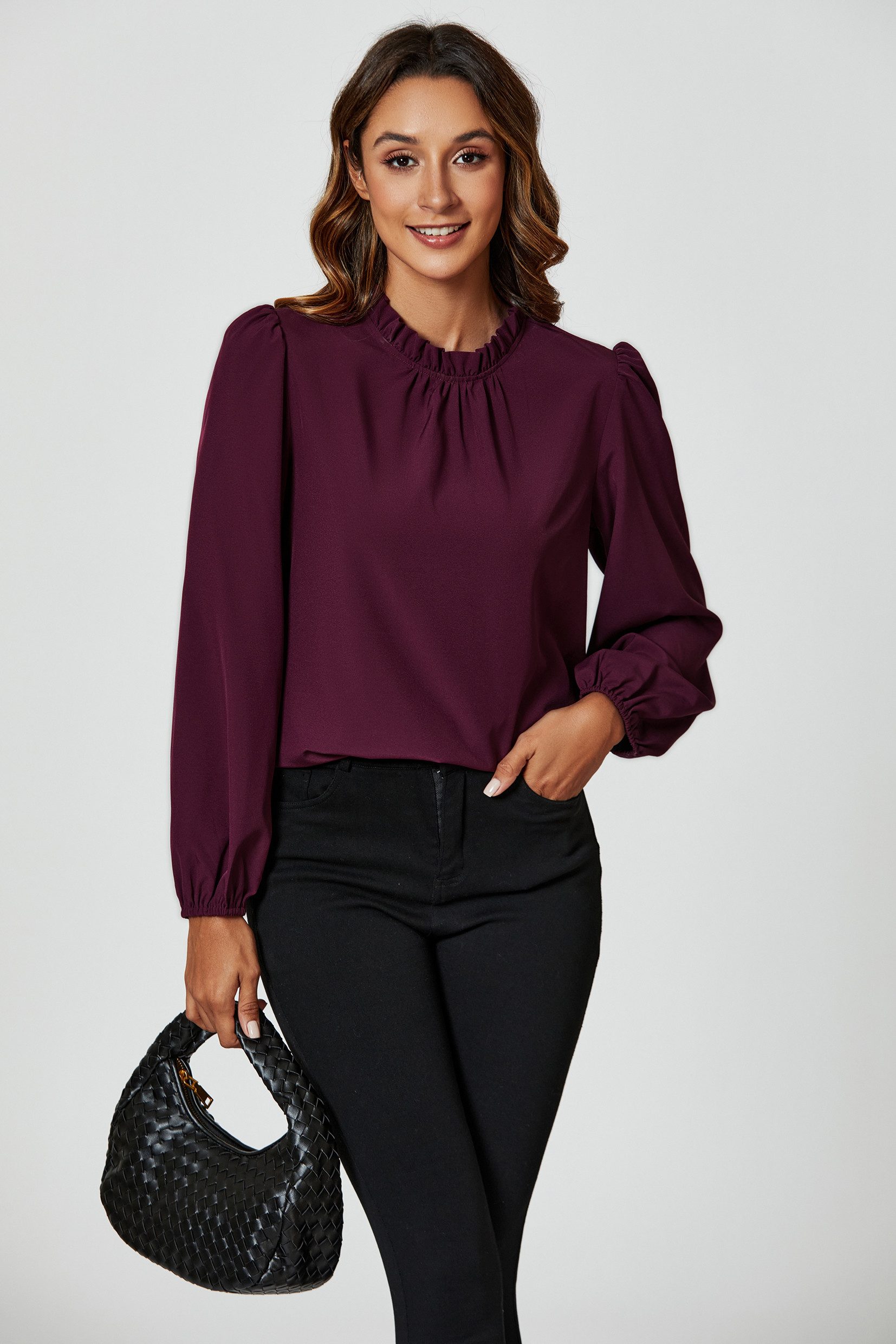 FS Collection Langarmbluse Damen Bluse hochgeschlossenes Oberteil mit Rüschendetail & Blumendruck (XS (UK 8 / EU 36) S (UK 10 / EU 38) M (UK 12 / EU 40) L (UK 14 / EU 42) XL (UK 16 / EU 44, 7 Farben) Leicht, Glatt, Formbeständig und angenehm zu tragen