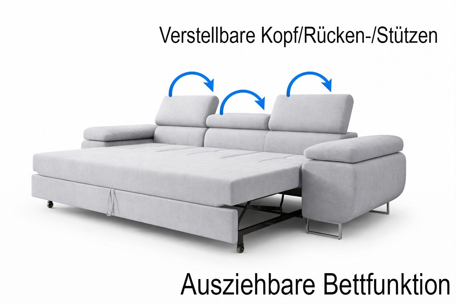 M-Punkt24 Polstergarnitur Miami, (SET 3-2-1, Samtstoff Silbergrau), mit Bettfunktion und verstellbare Kopfstützen