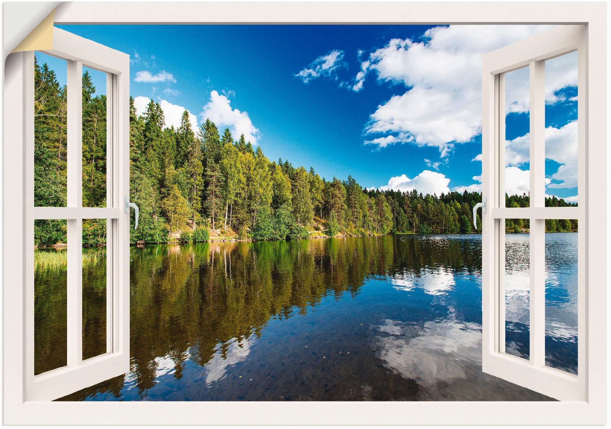 Artland Wandbild Fensterblick Norwegische Landschaft, Fensterblick (1 St),  als Alubild, Leinwandbild, Wandaufkleber oder Poster in versch. Größen,  Fertig zum Aufhängen für einfache Montag