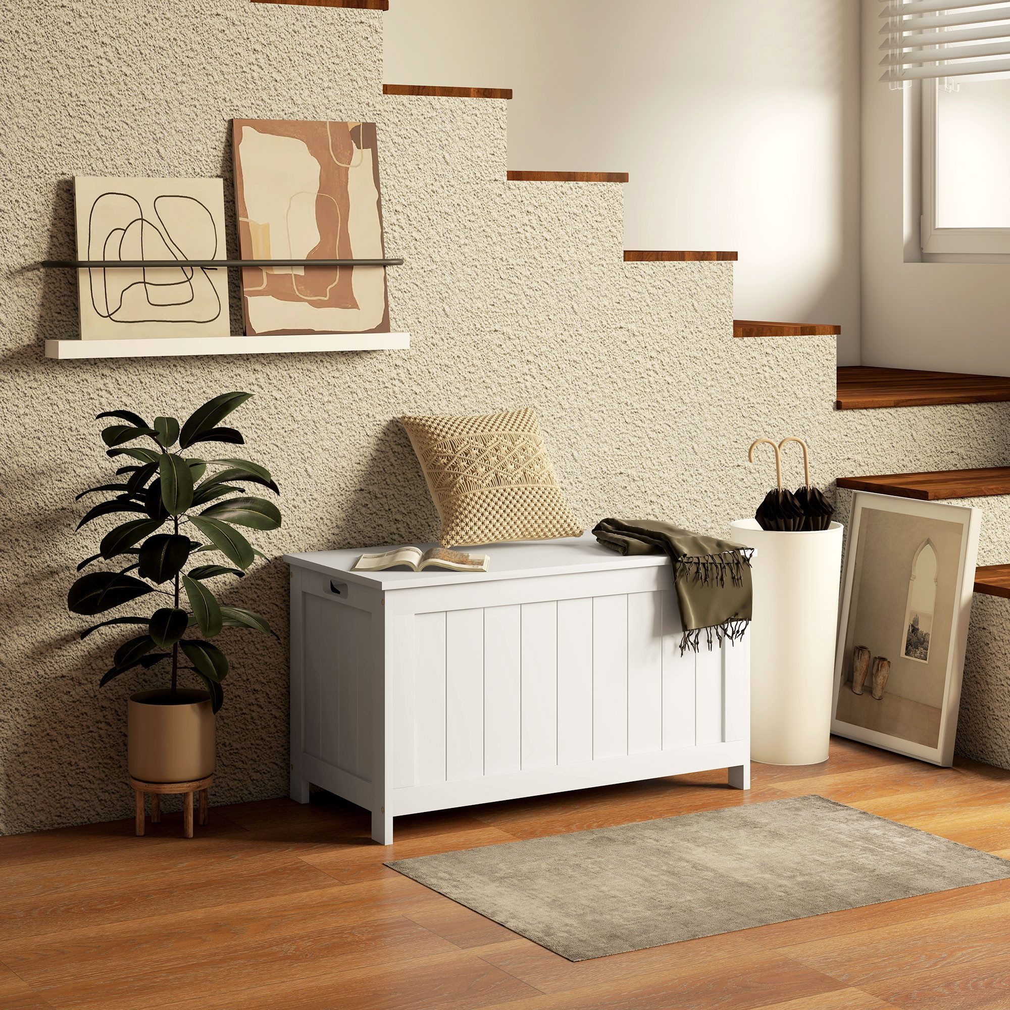 HOMCOM Truhe Spielzeugkiste mit Deckel, Spielzeugtruhe, Auflagenbox für Flur (Aufbewahrungsbox, 1 St., Aufbewahrungstruhe), für Wohzimmer, Schlafzimmer, Weiß, 81 x 40 x 46 cm