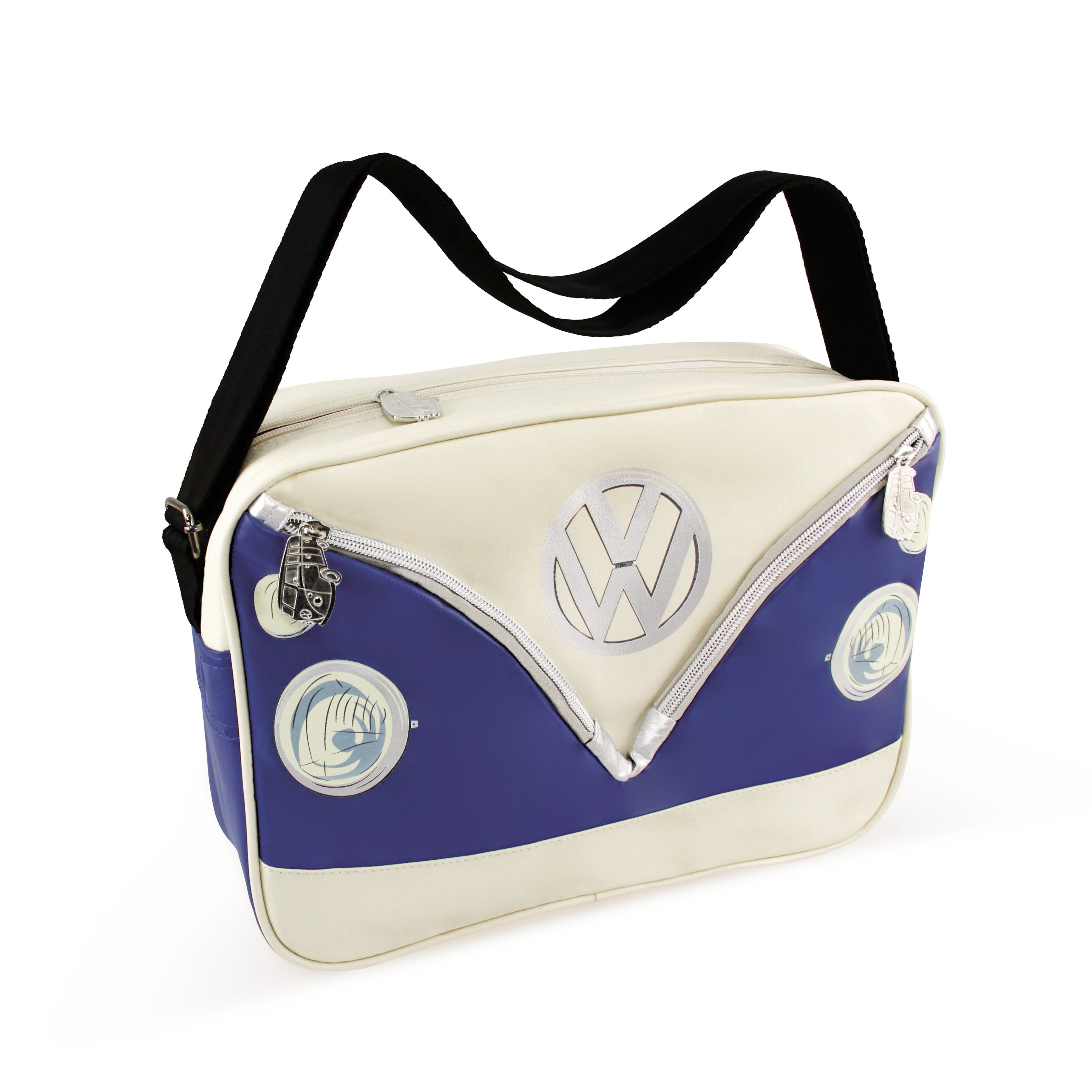 VW Collection by BRISA Schultertasche Volkswagen Umhängetasche, im VW T1 Bulli Design, Freizeittasche mit coolen Reißverschlüssen Blau