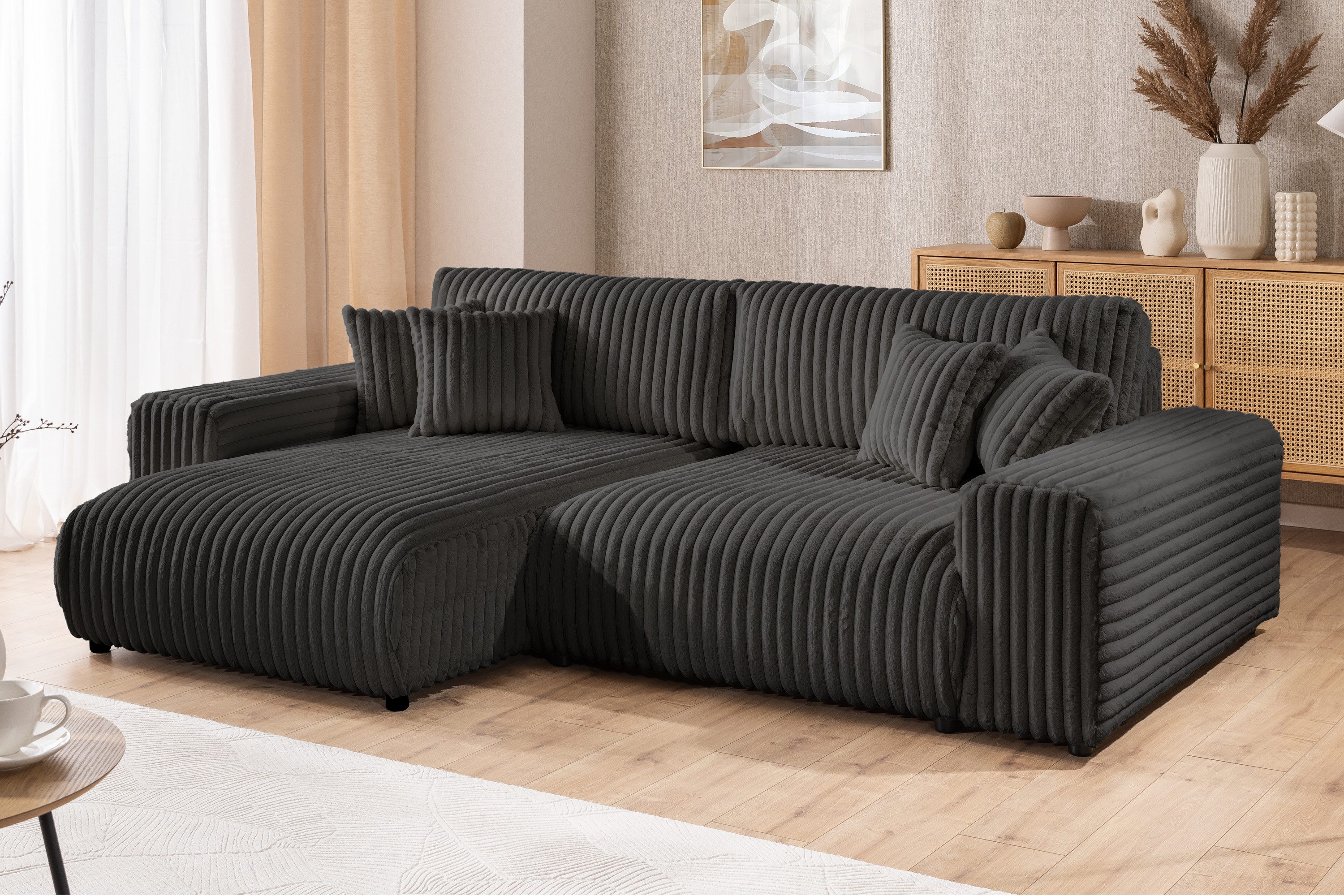 S-Style Möbel Ecksofa Mollis mit Schlaffunktion und Bettkasten aus Plüschco günstig online kaufen