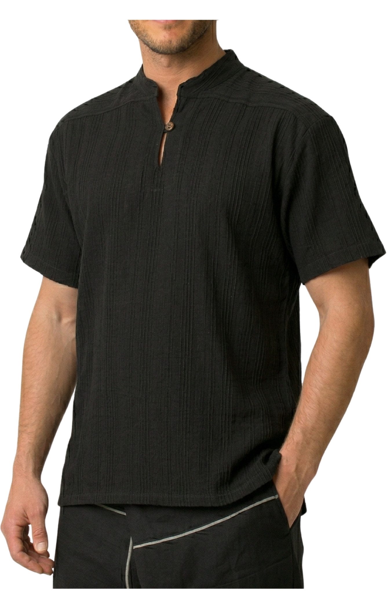 PANASIAM Kurzarmhemd Fischerhemd Herren - Fisherman Shirt aus 100% Baumwolle ohne Kragen Leichtes Sommerhemd mit Henley Ausschnitt auch als Mittelalterhemd