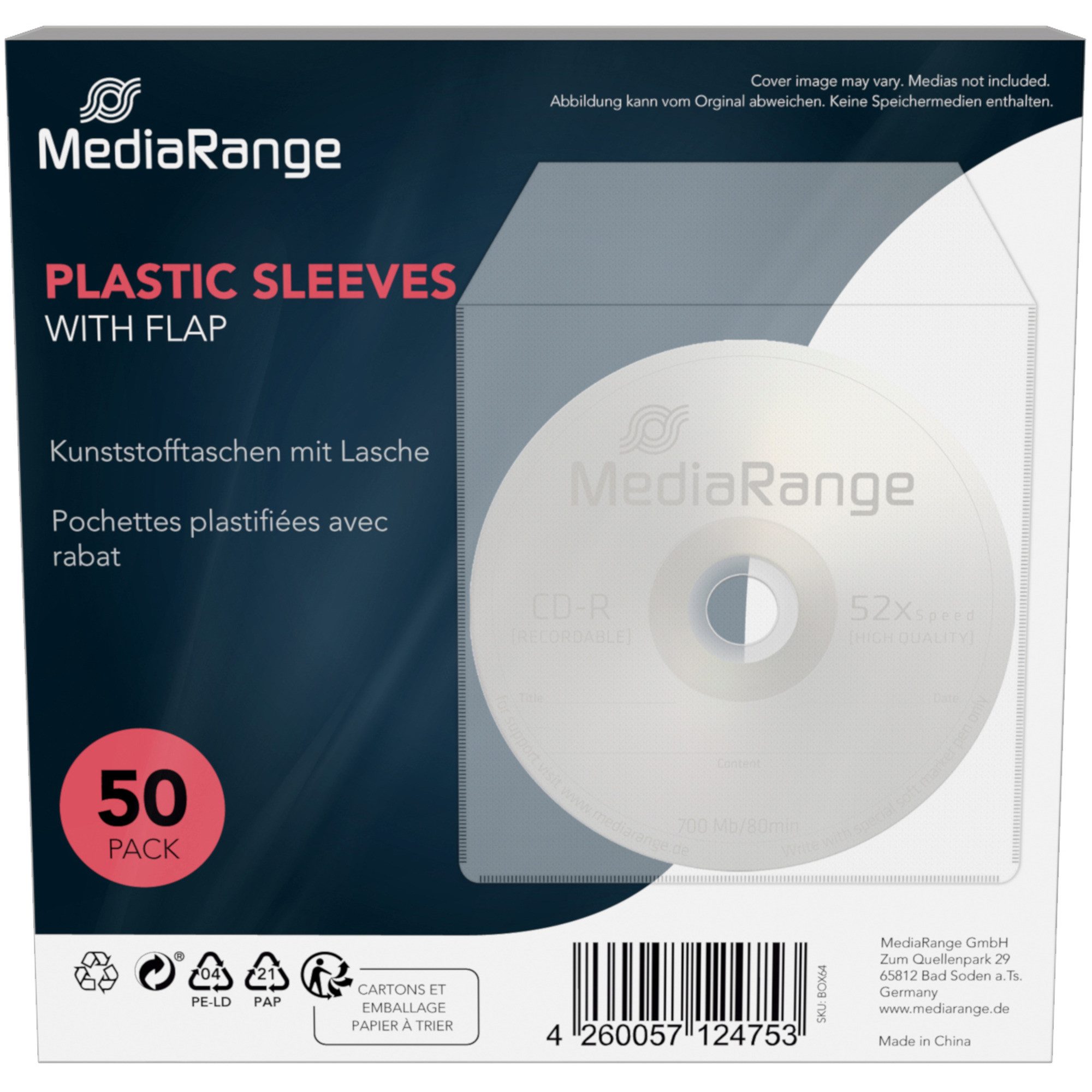 Aufbewahrungsbox MediaRange CD/DVD Plastikhüllen, Schutzhülle, (50