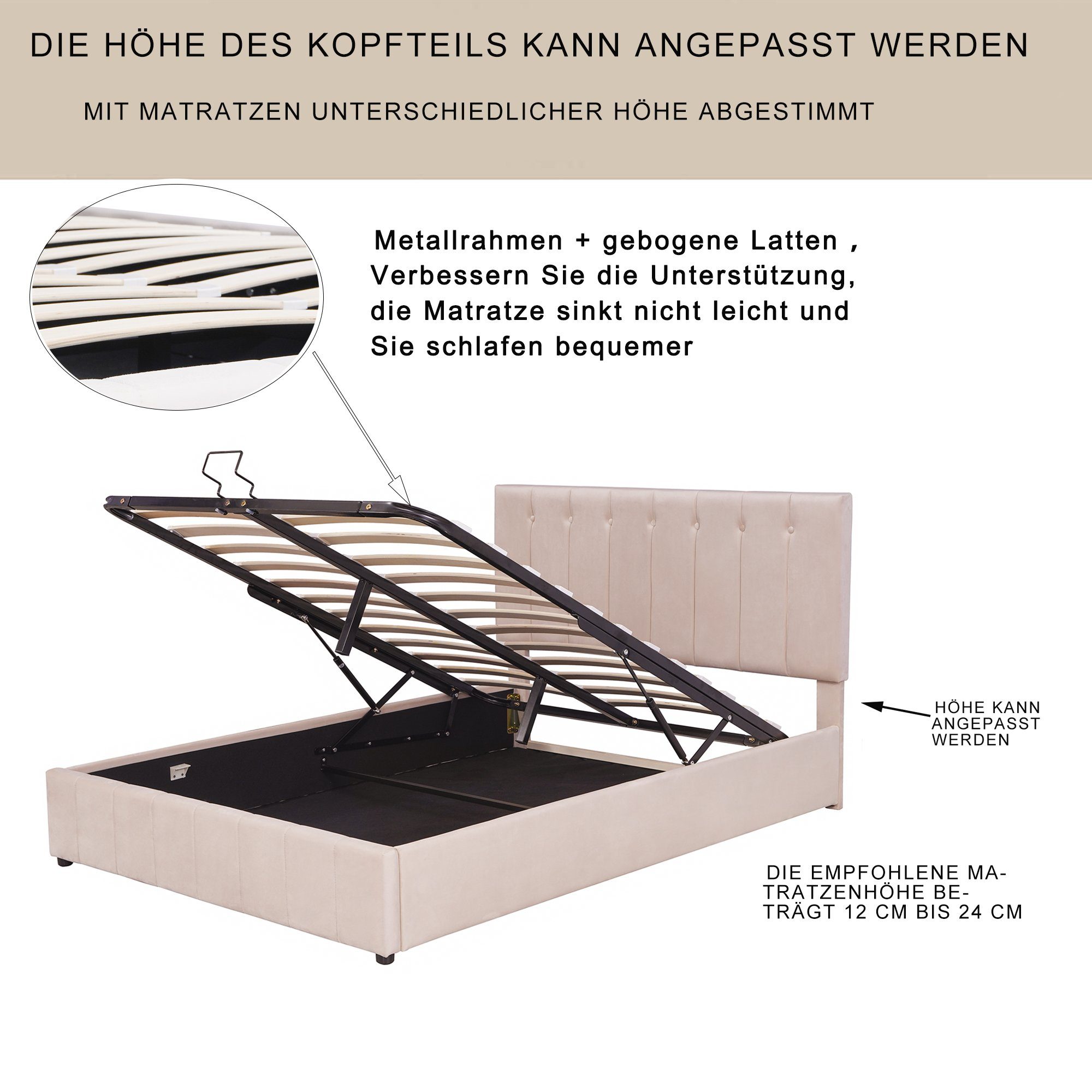 Bettkasten Lattenrost, mit Merax Beige Doppelbett Jugendbett Polsterbett 140x200cm und Samtbezug, mit Hydraulisch