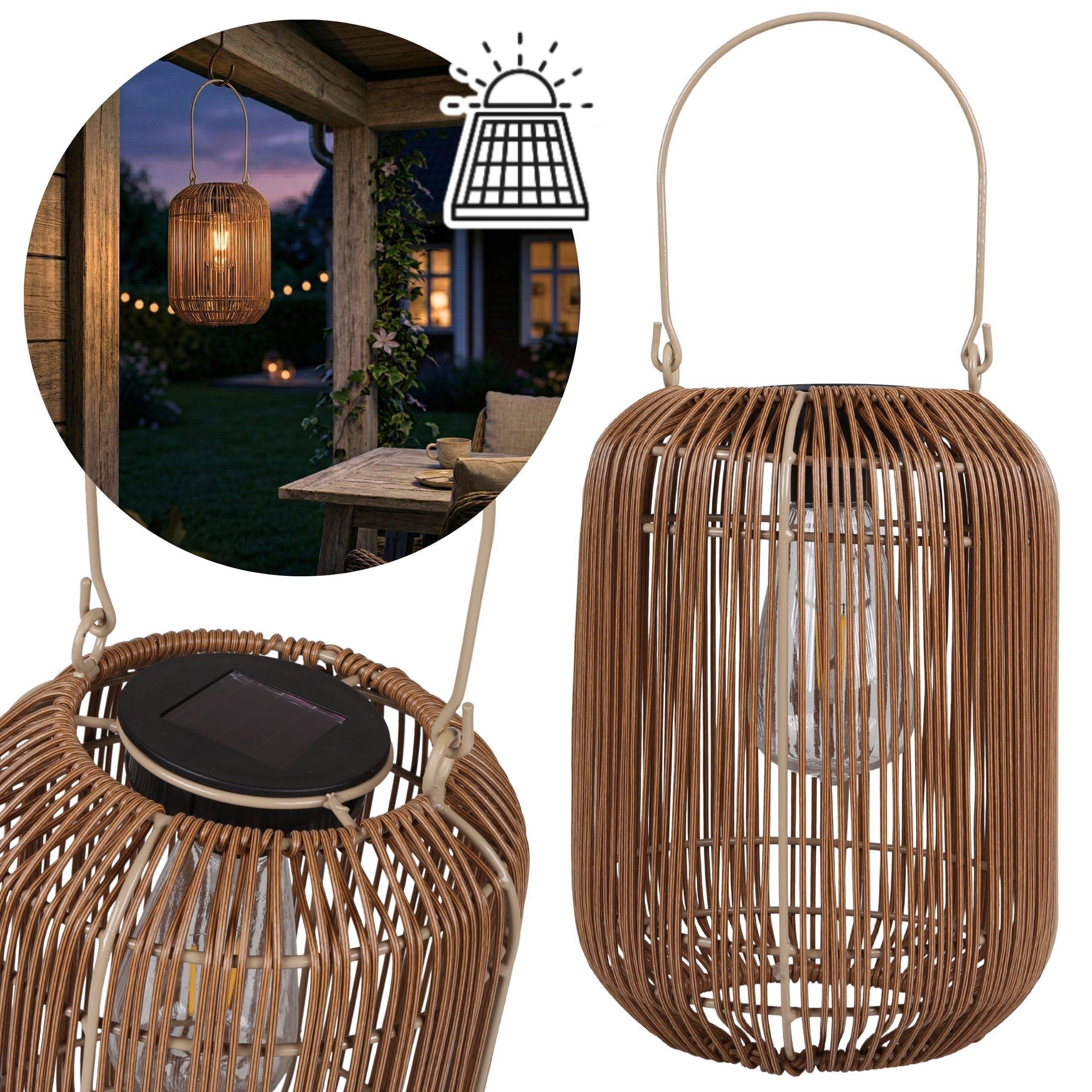 Sarcia.eu LED Solarleuchte Rattan Solar Laterne, LED Hängelampe für Garten, Terrasse 24 cm