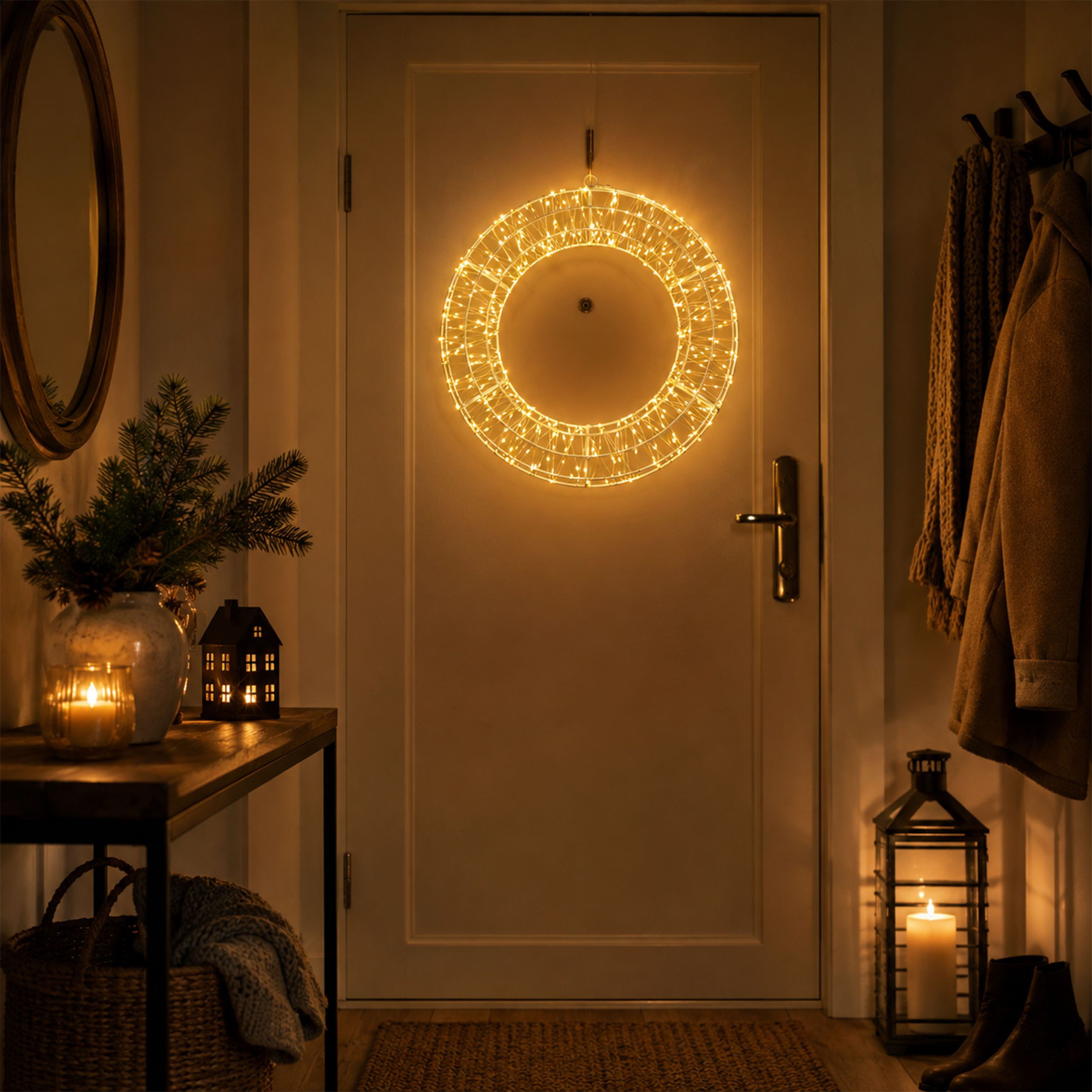 OTTO home LED Dekolicht LED Dekokranz GENNIA, Ein-/Ausschalter, LED fest integriert, Warmweiß, IP44, Metall, starke LED-Dichte, 3 m Zuleitung – Bild 5 von 5