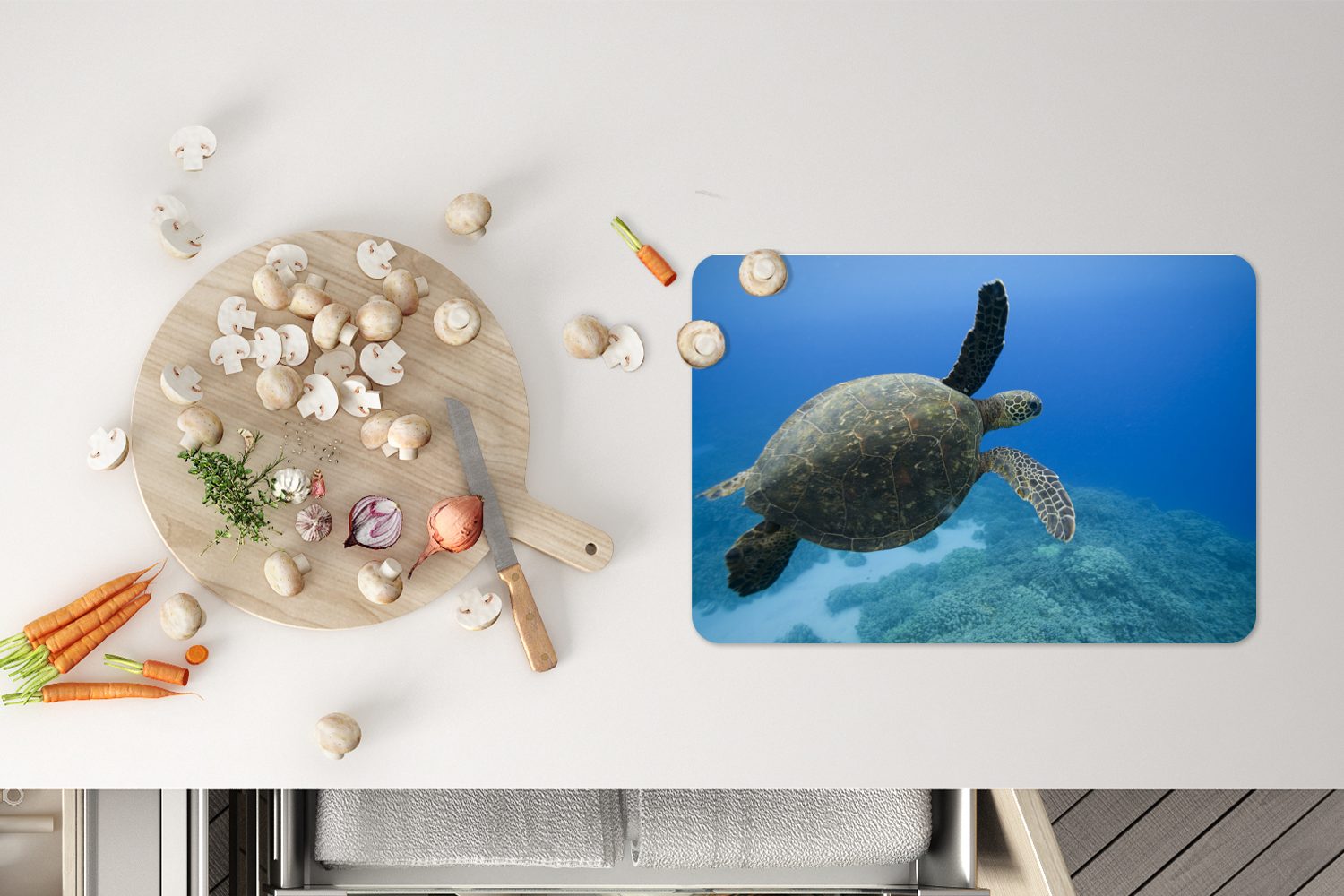Platzset, Grüne schwimmende Schildkröte Platzset, (6-St), Schmutzabweisend Fotodruck, MuchoWow, Platzmatte, Platzdecken, Tischmatten