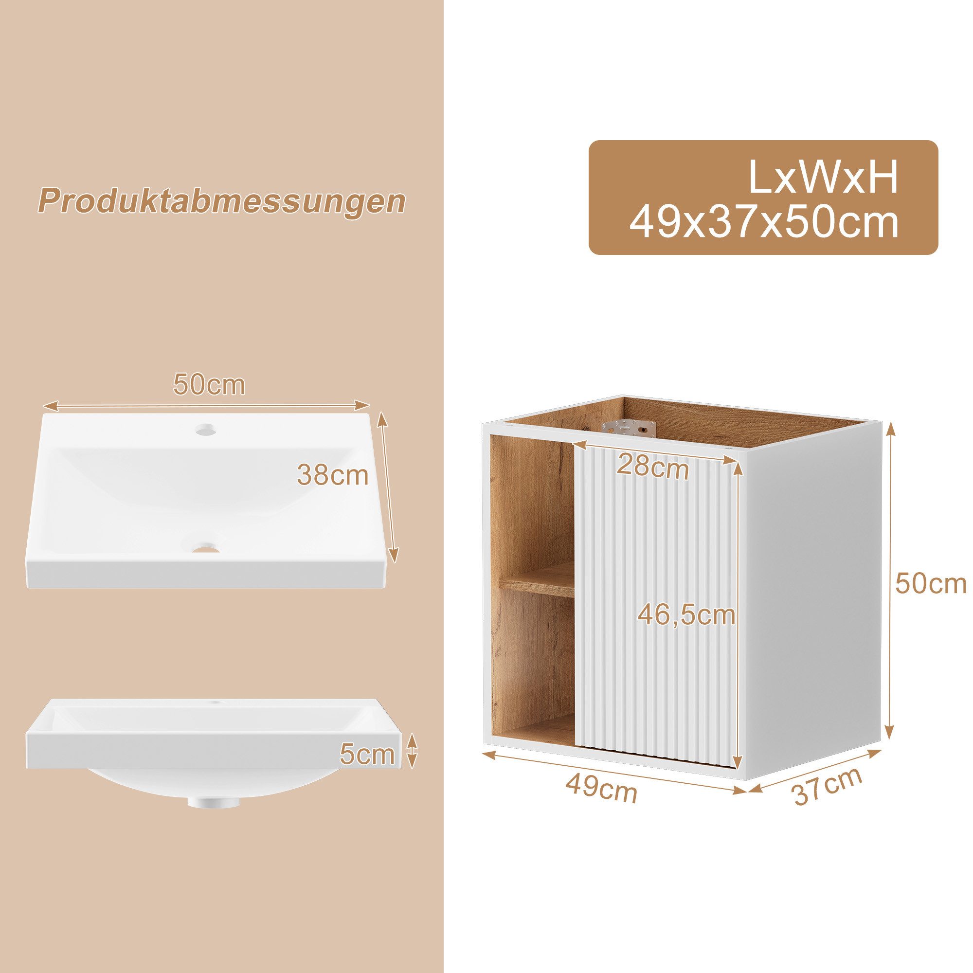 UEV Waschtisch klein Waschbecken mit Unterschrank set Badmöbel Gäste-WC hängend 50cm (Waschplatz ausreichend Stauraum,Badmöbel Set für Badezimmer, Unterschrank  – Bild 5 von 5