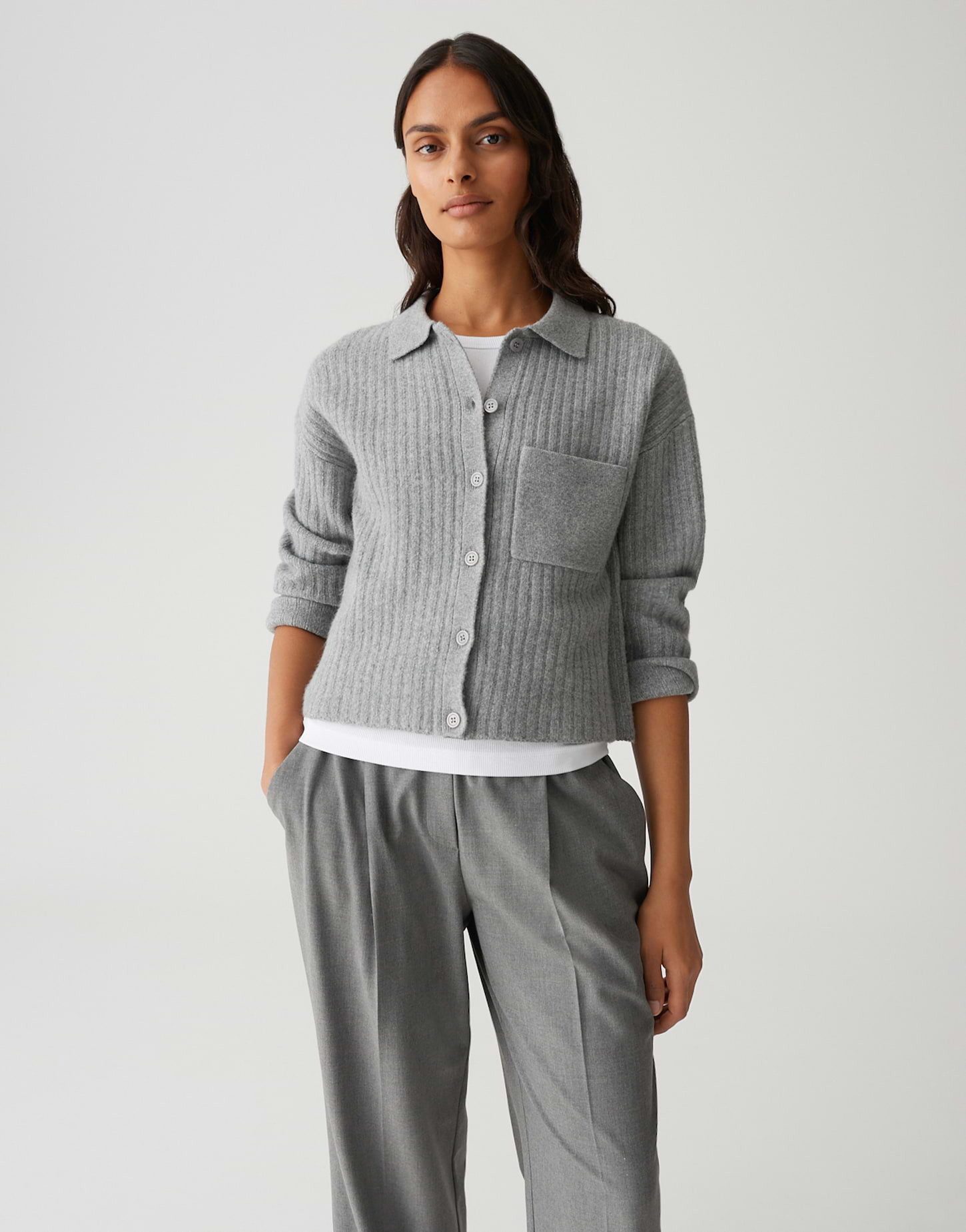 OPUS Strickjacke DINKINE aus nachhaltigem Baumwollmix Rippstruktur, Umlegek günstig online kaufen